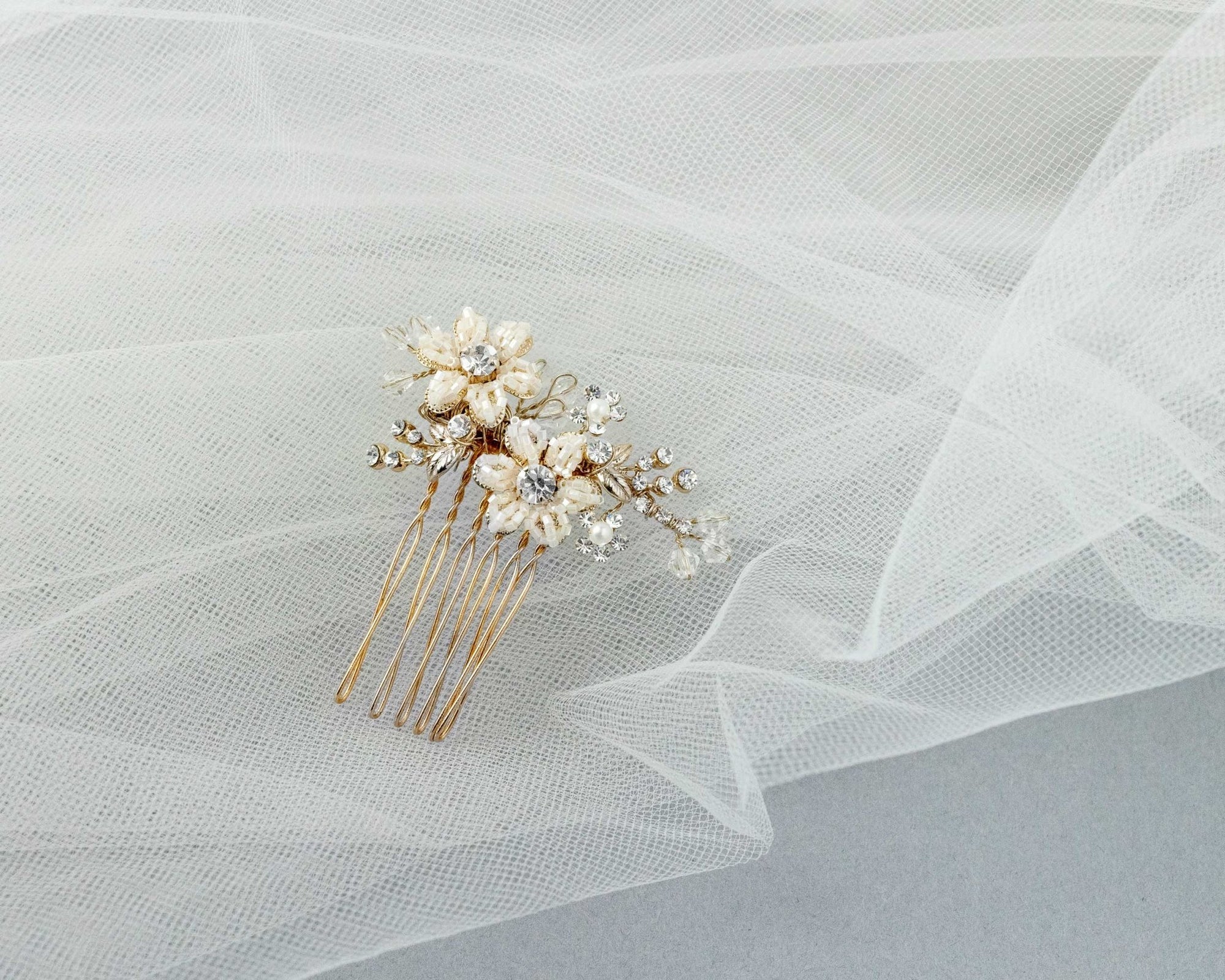 Mini Bridal Hair Comb with Gold Beaded Flowers - Hair Combs - Cassandra Lynne
