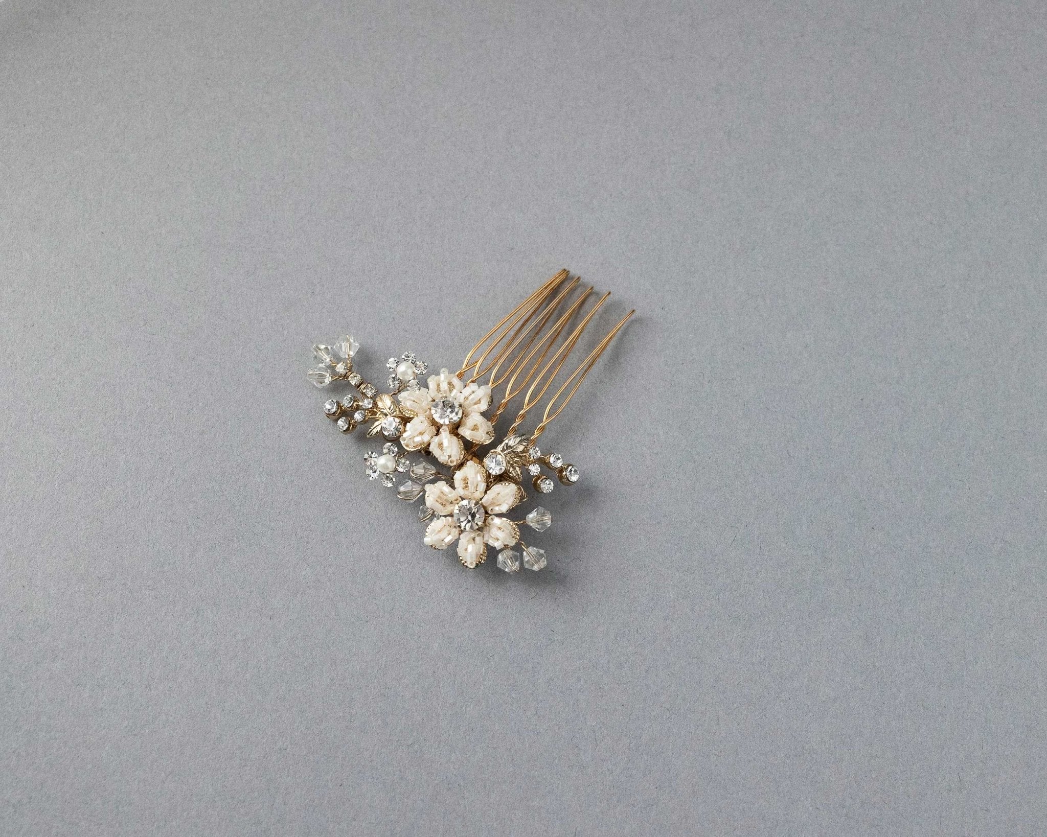 Mini Bridal Hair Comb with Gold Beaded Flowers - Hair Combs - Cassandra Lynne