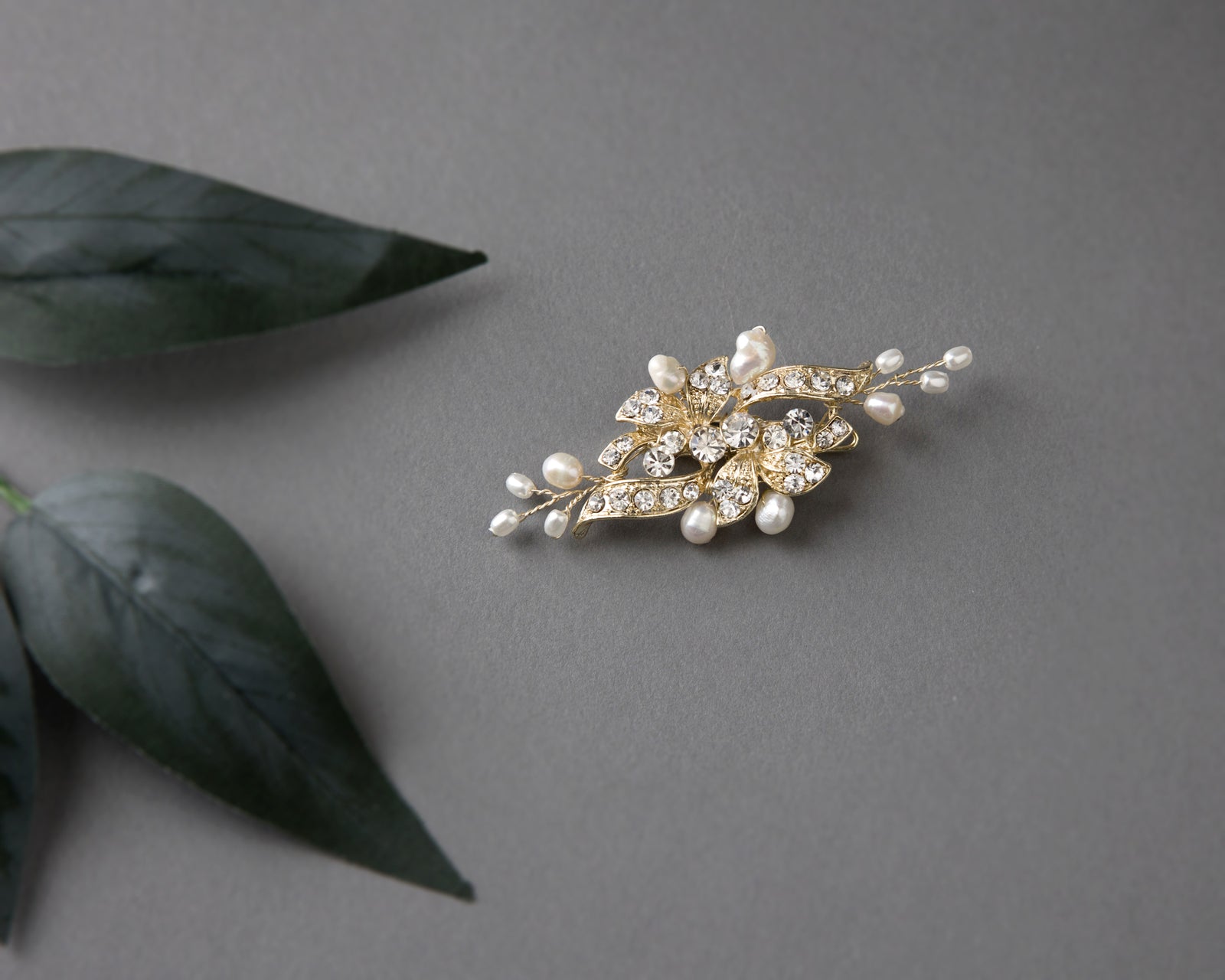 Small Gold Crystal and Pearl Floral Hair Clip - Cassandra Lynne