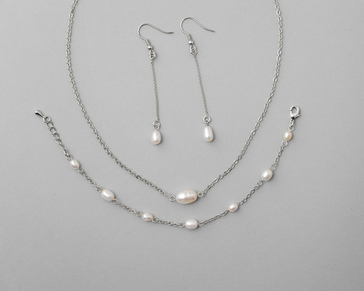 Petite Cultured Pearl Necklace Earrings and Bracelet