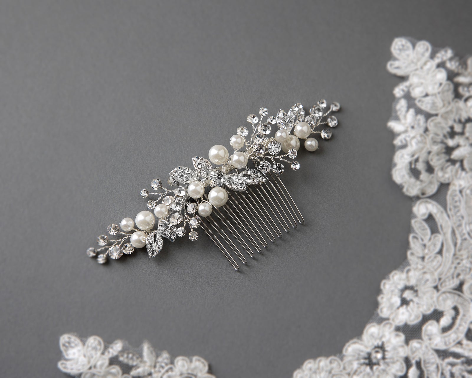 Ivory Pearl and Crystal Leaves Narrow Hair Comb - Cassandra Lynne