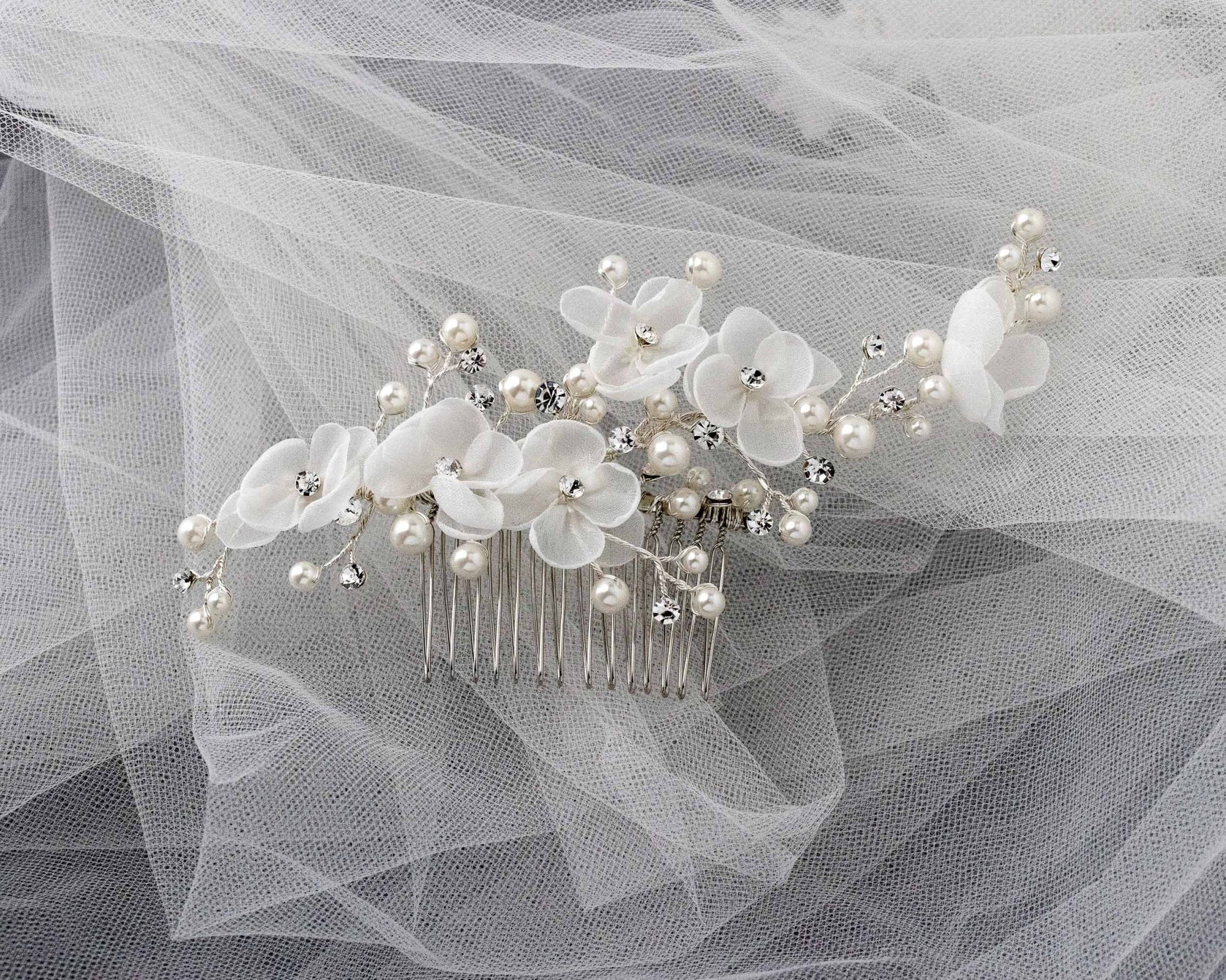 Organza Bridal Hair Flower Comb with Pearls - Hair Comb - Cassandra Lynne