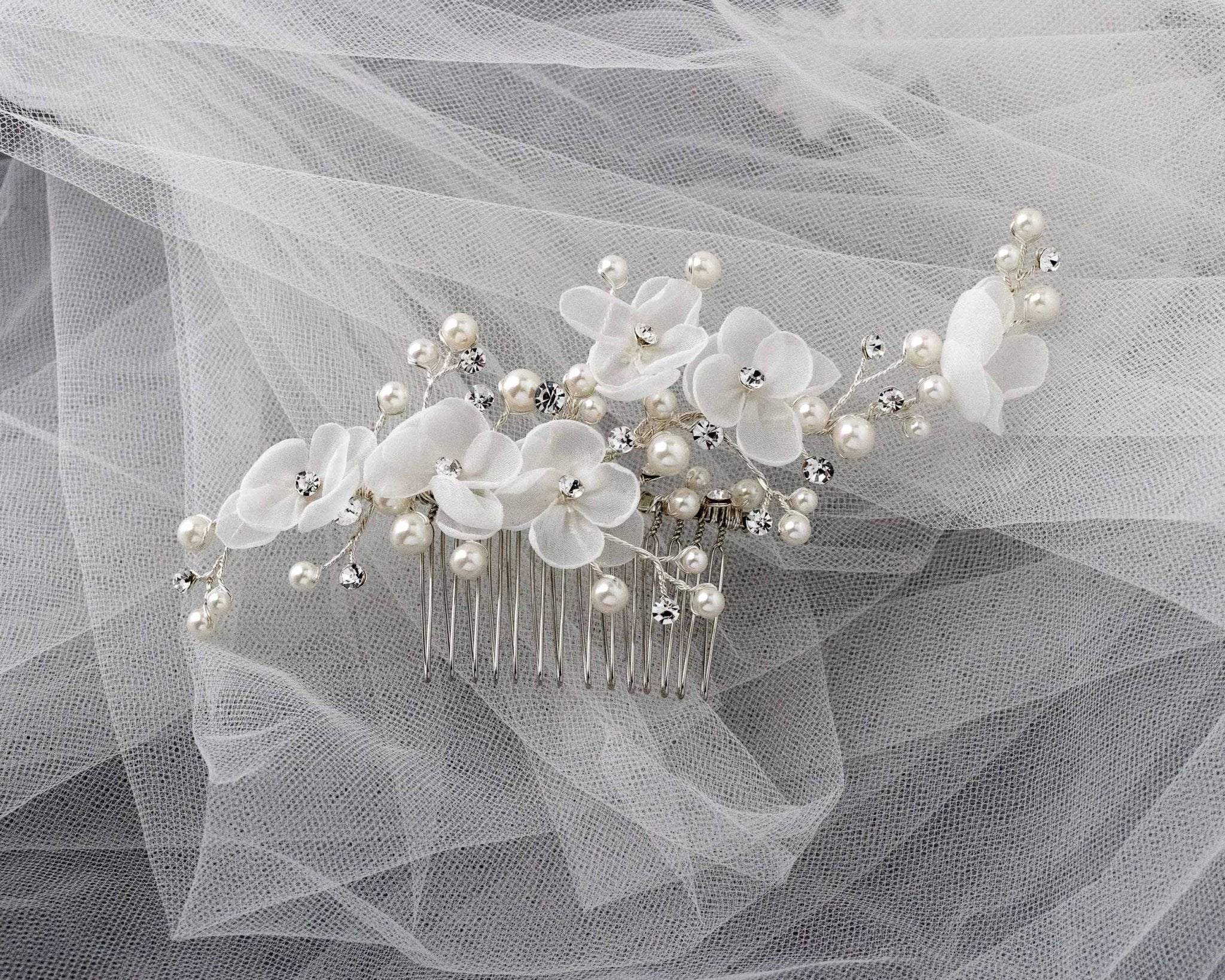 Organza Bridal Hair Flower Comb with Pearls - Hair Comb - Cassandra Lynne