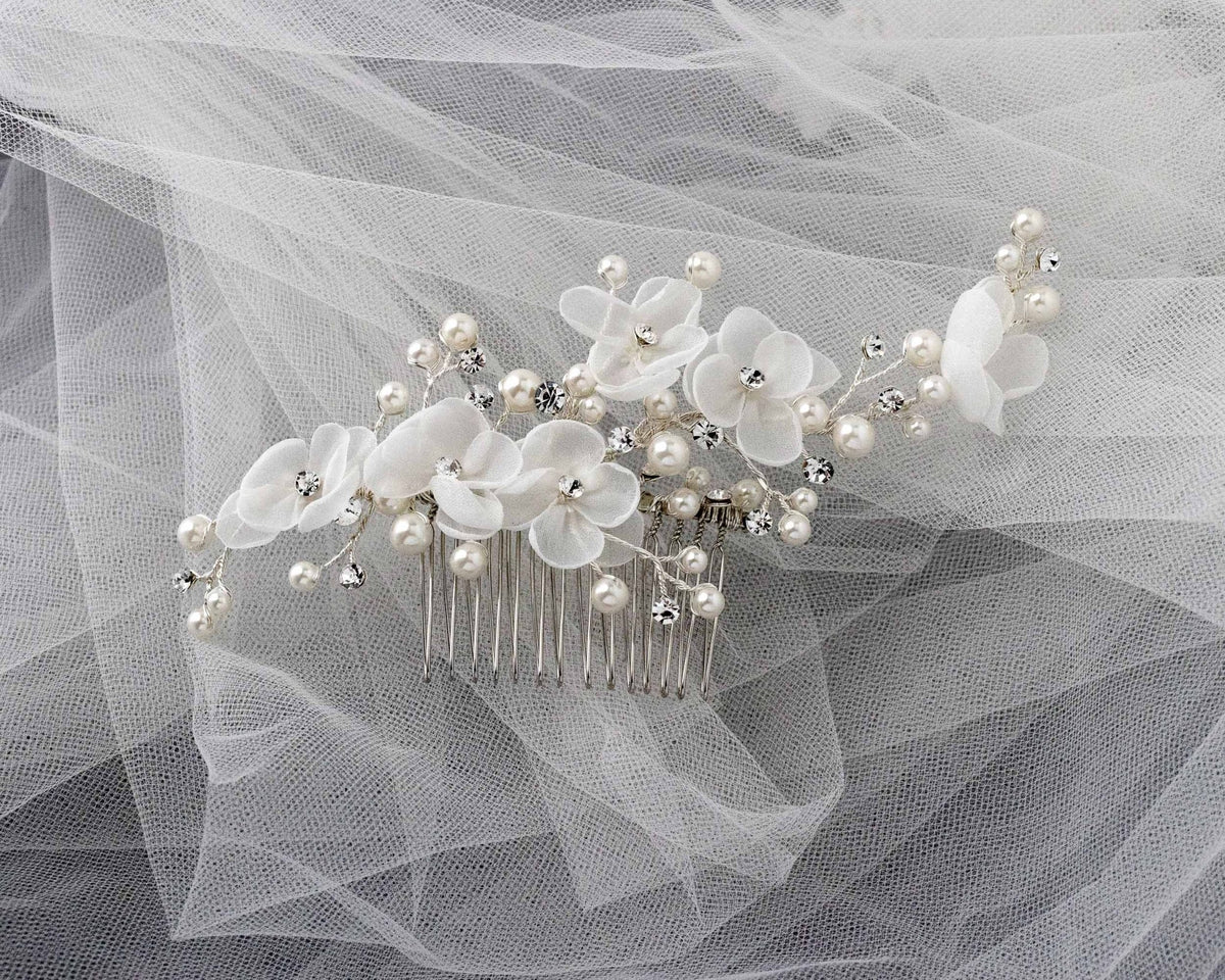 Organza Bridal Hair Flower Comb with Pearls - Hair Comb - Cassandra Lynne