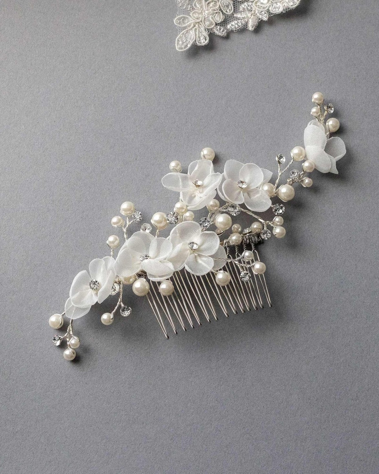 Organza Bridal Hair Flower Comb with Pearls - Hair Comb - Cassandra Lynne