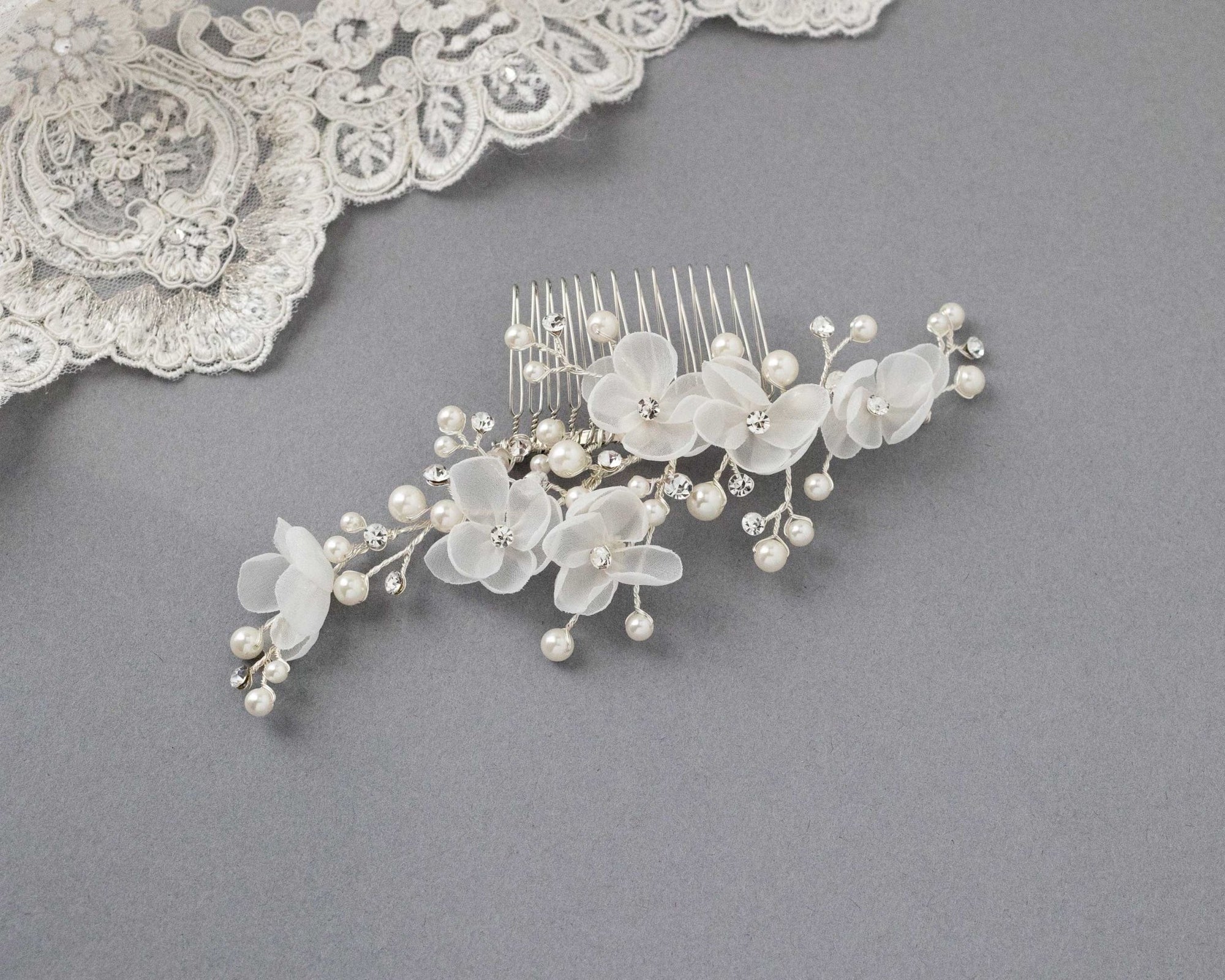Organza Bridal Hair Flower Comb with Pearls - Hair Comb - Cassandra Lynne