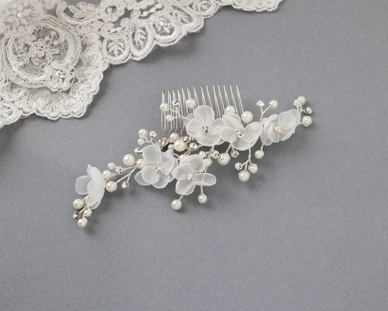 Organza Bridal Hair Flower Comb with Pearls - Hair Comb - Cassandra Lynne