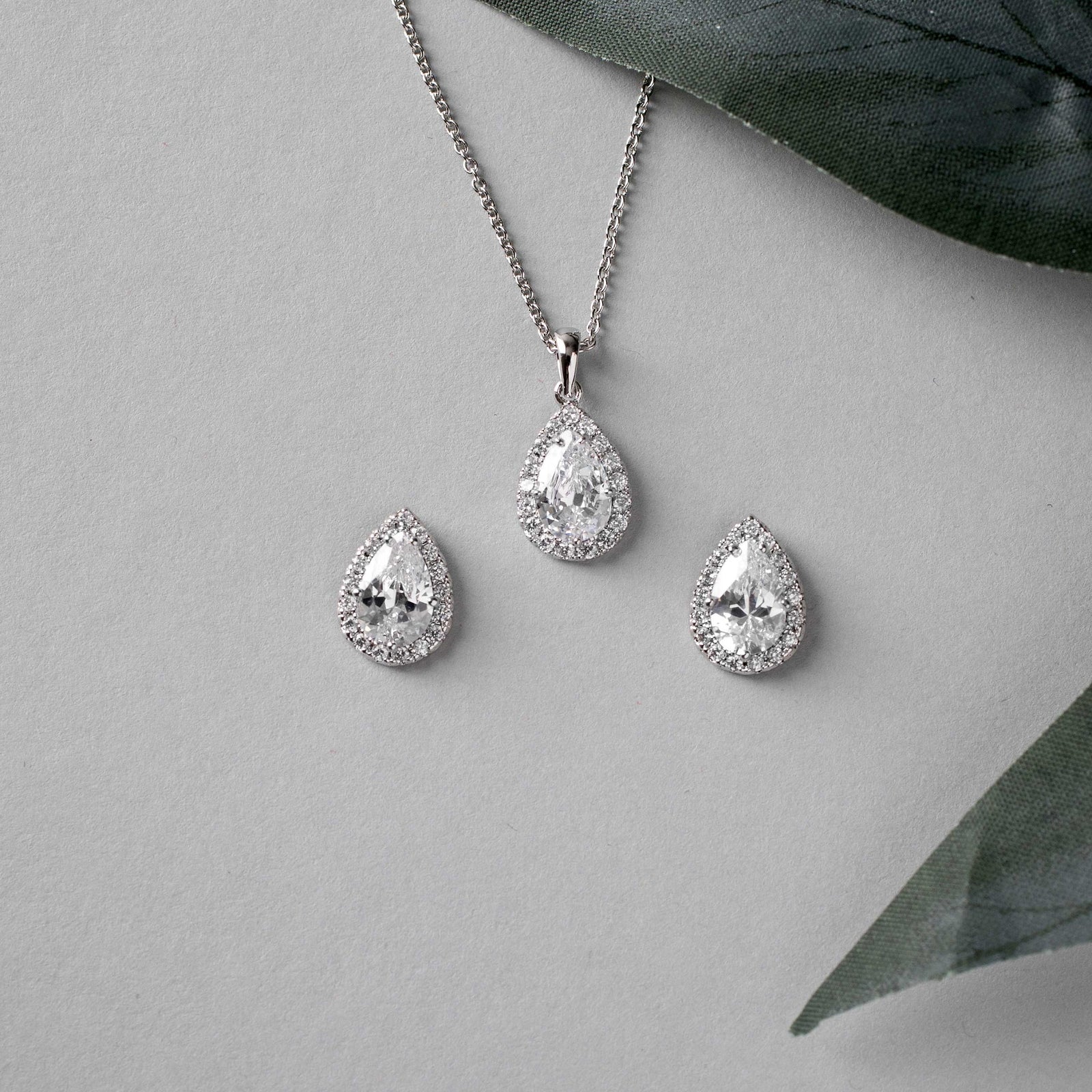 Classic CZ Necklace Pave Pear Pendant and Earrings