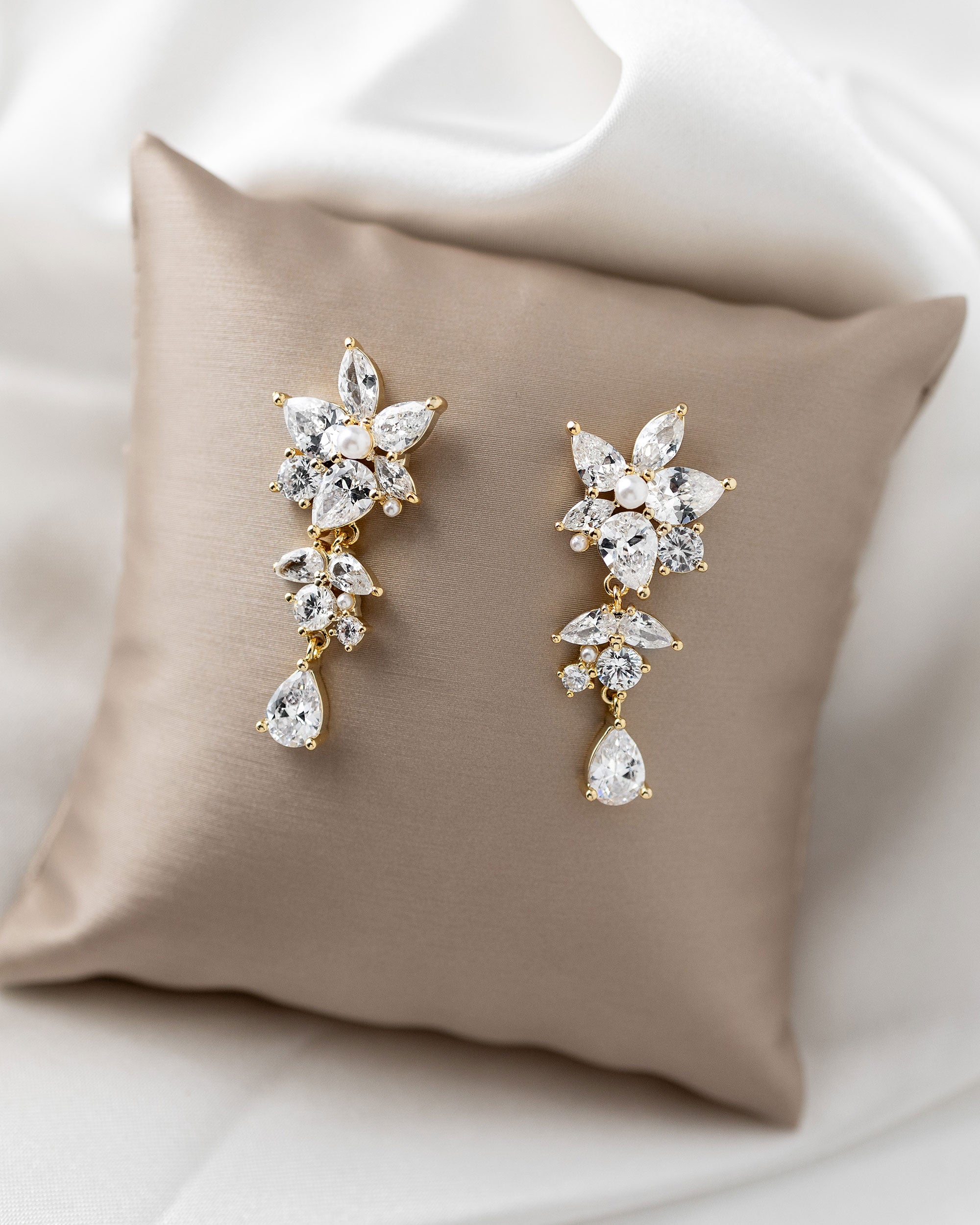 CZ Flower Earrings with Tiny Pearl Center Gold - Cassandra Lynne