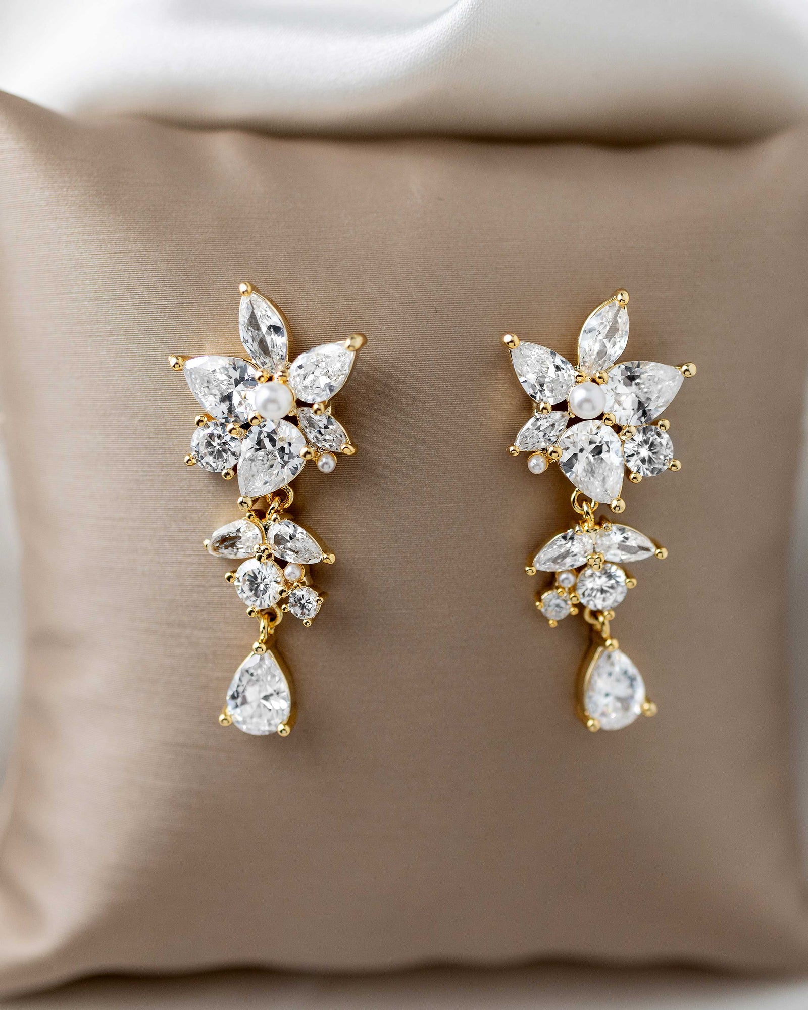 CZ Flower Earrings with Tiny Pearl Center Gold - Cassandra Lynne