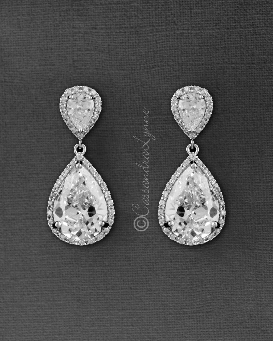 Pear Drop CZ Earrings for the Bride Clip - On Style - Earrings - Cassandra Lynne