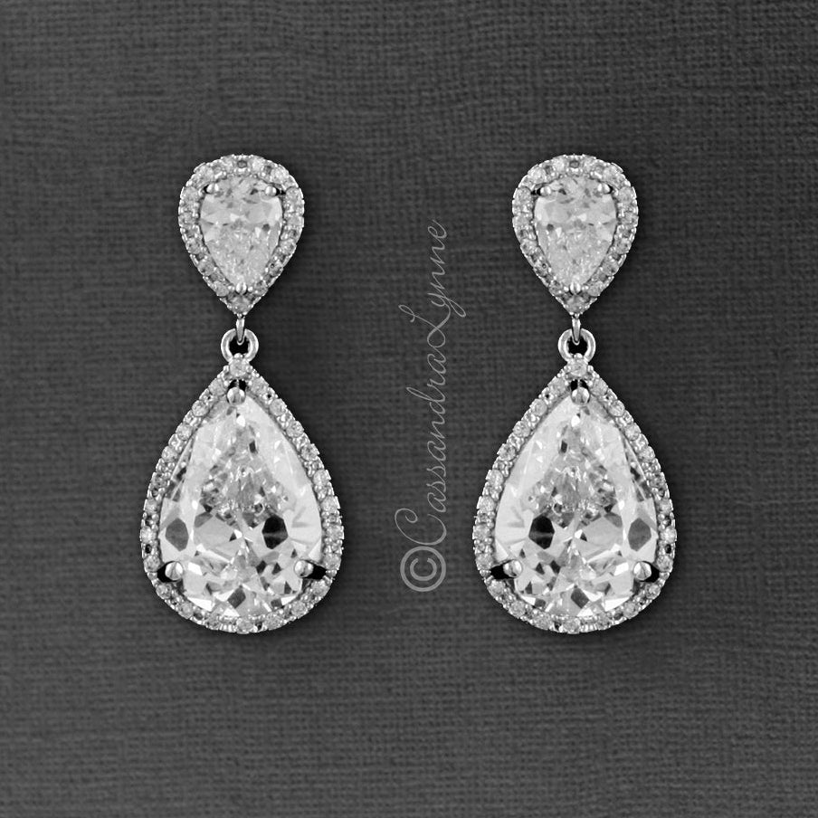 Pear Drop CZ Earrings for the Bride Clip - On Style - Earrings - Cassandra Lynne