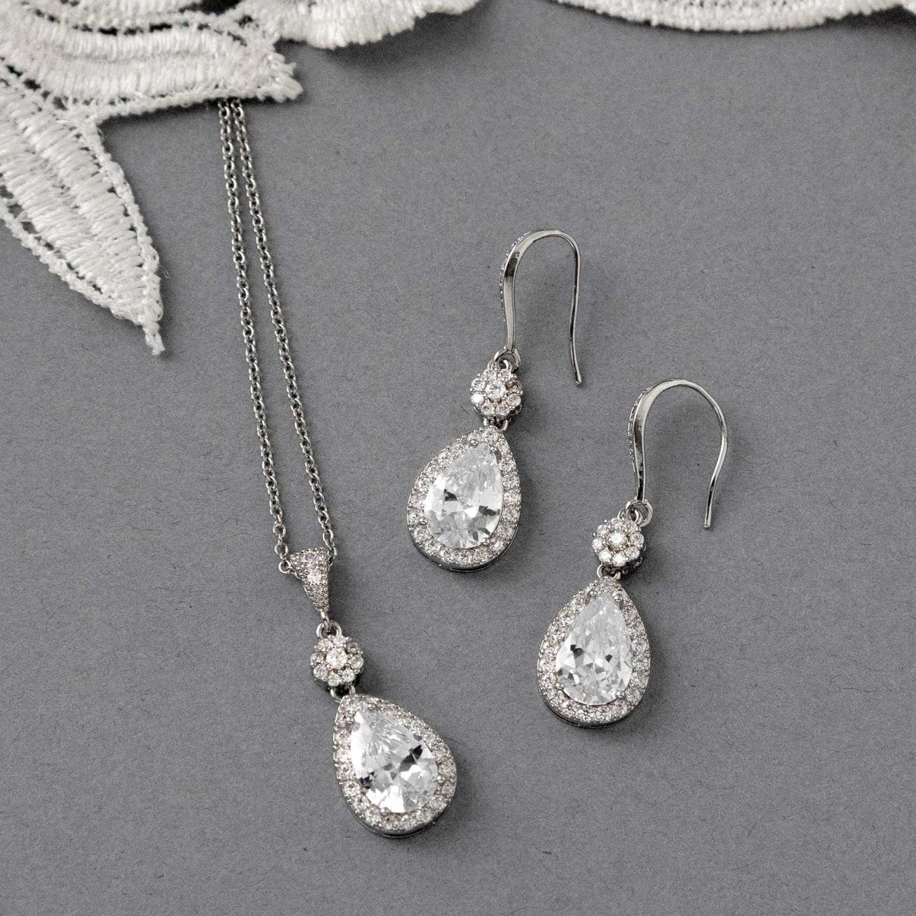 Pear Drop Hook Earrings and Pendant Necklace - Necklace Set - Cassandra Lynne