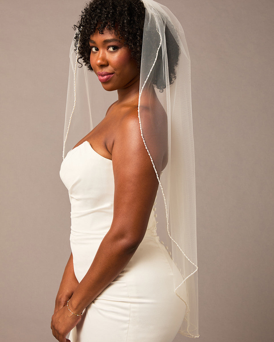 Pearl and Rhinestone Trimmed Wedding Veil Fingertip Length-Cassandra Lynne