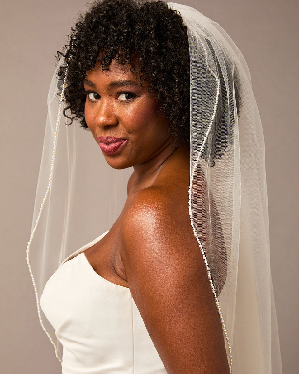 Pearl and Rhinestone Trimmed Wedding Veil Fingertip Length-Cassandra Lynne