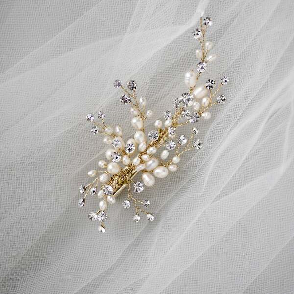 Pearl and Crystal Spray Wedding Hair Clip - Hair Clips - Cassandra Lynne