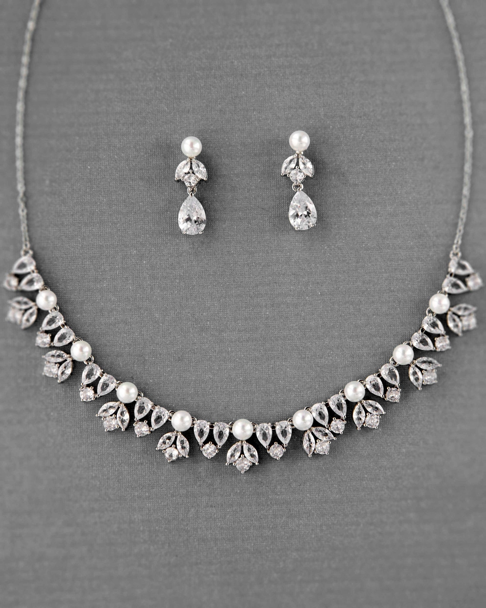 Pearl and CZ Wedding Necklace and Earrings - Cassandra Lynne