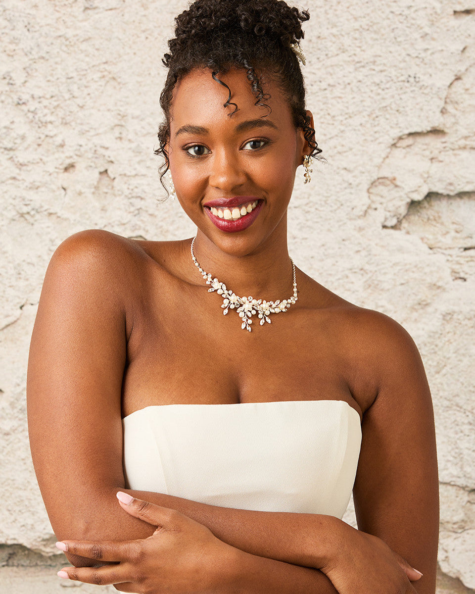 Flowers and Pearls Bridal Necklace and Earrings - Cassandra Lynne