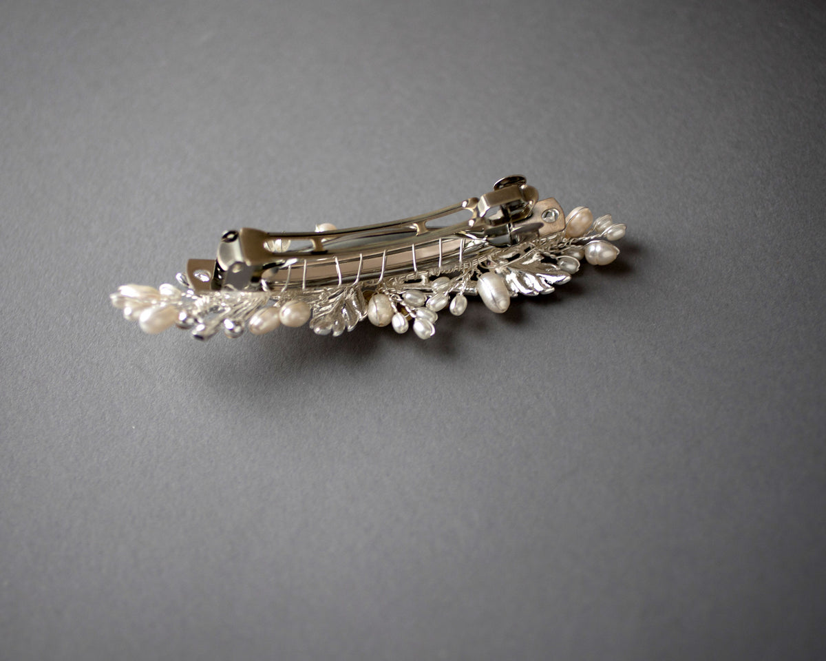 Silver Wedding Hair Barrette with Ivory Pearls - Cassandra Lynne