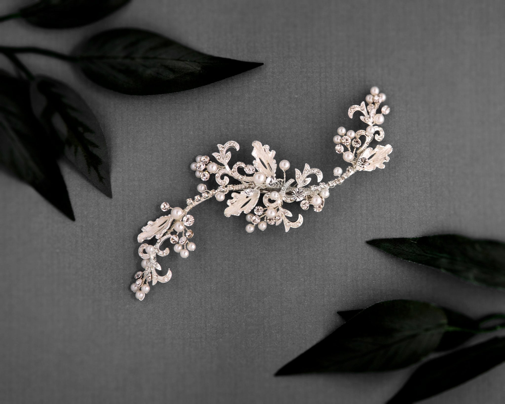 Pearl Bridal Clip of Scrolls and Leaves - Hair Clips - Cassandra Lynne