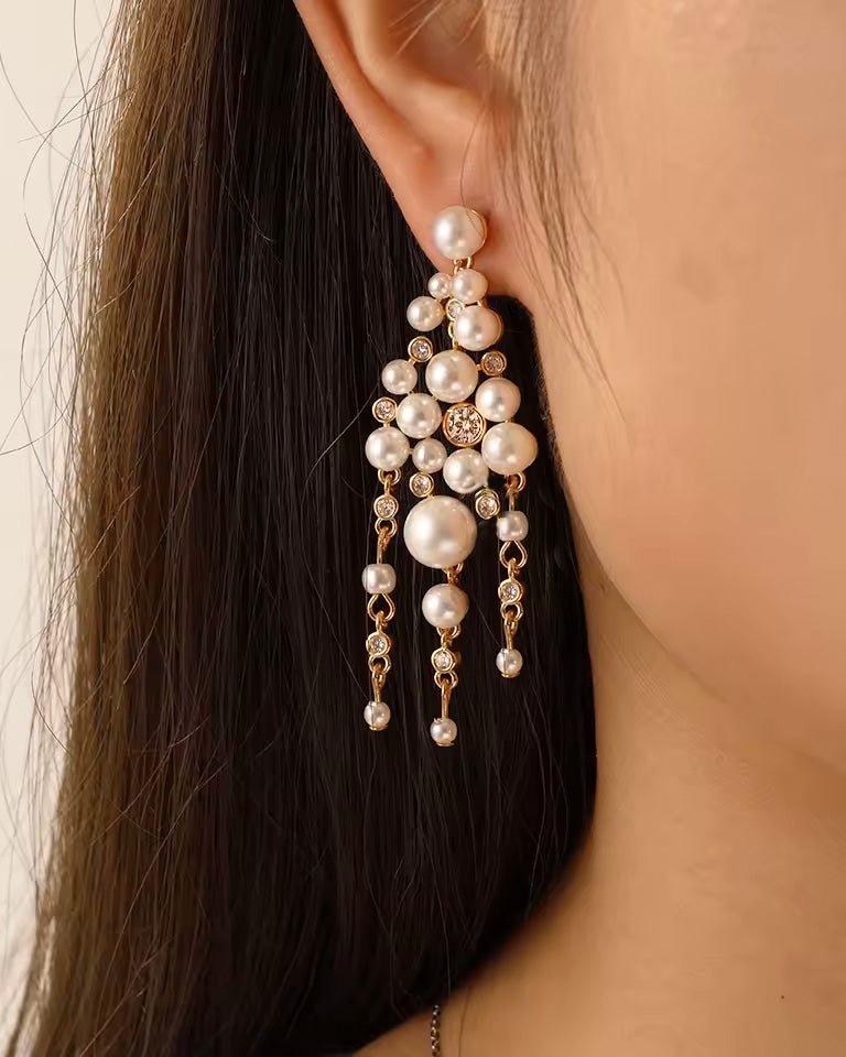 Pearl Chandelier Earrings with CZ Jewels - Earrings - Cassandra Lynne
