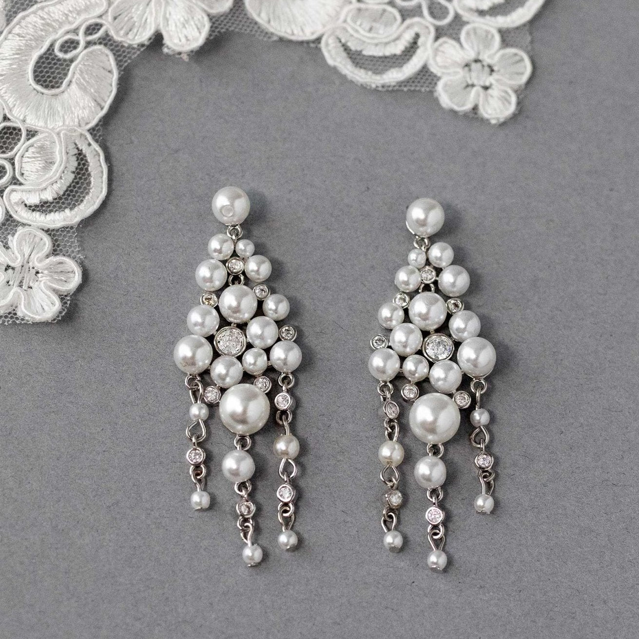 Pearl Chandelier Earrings with CZ Jewels - Earrings - Cassandra Lynne