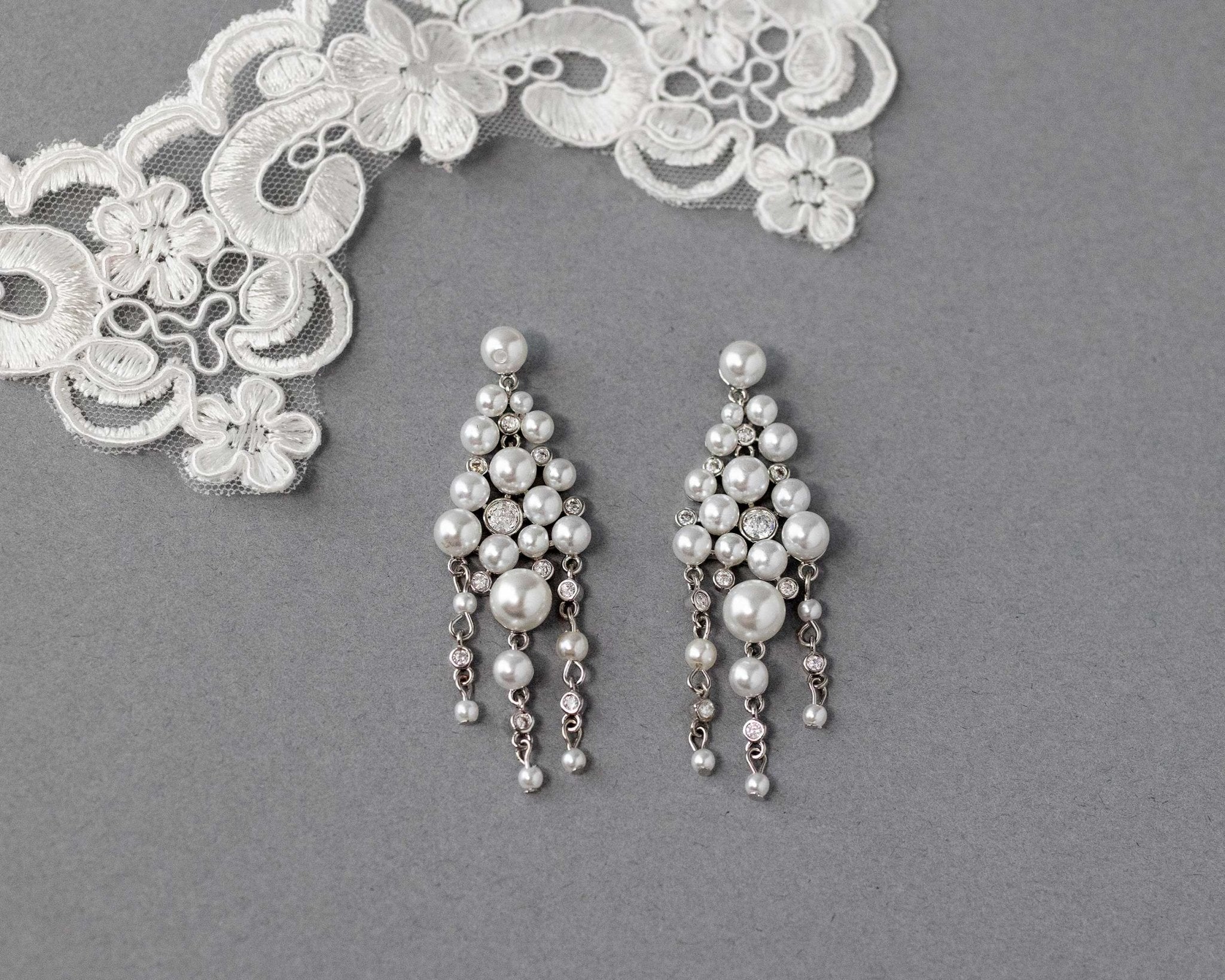 Pearl Chandelier Earrings with CZ Jewels - Earrings - Cassandra Lynne