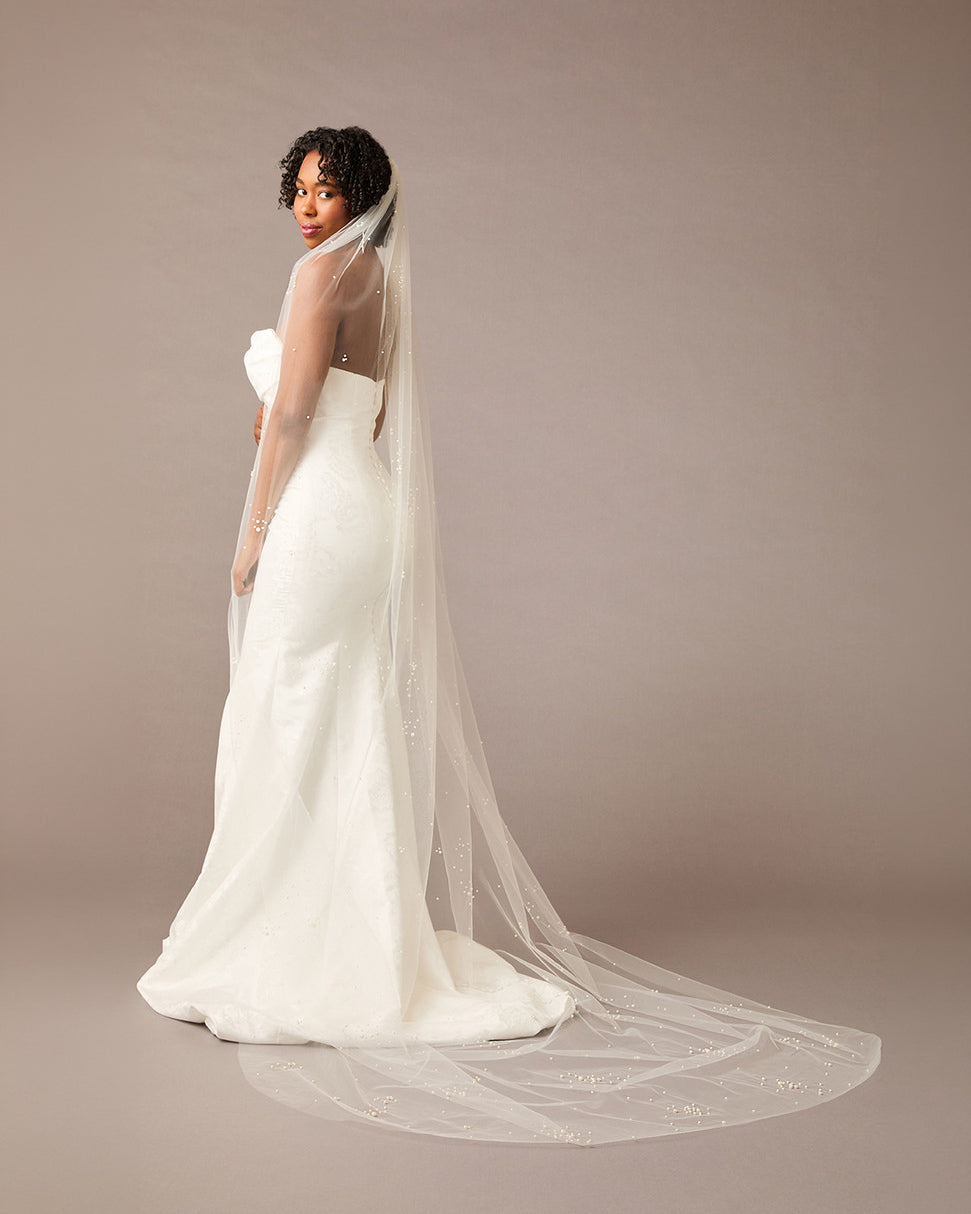 Cathedral Veil with Scattered Dense Pearl Clusters Woman wearing a wedding dress with a long veil against a brown background
