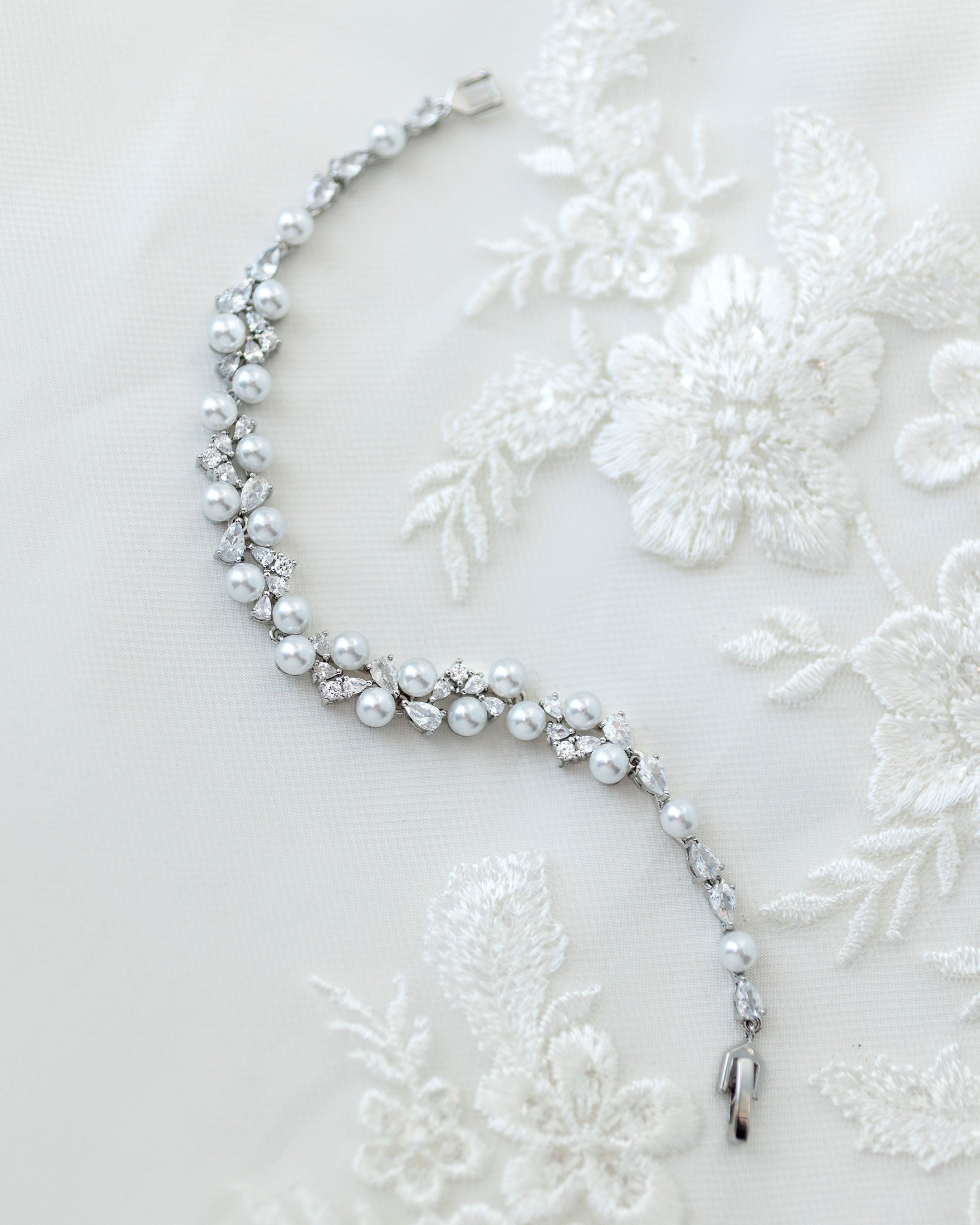 Pearl Wedding Bracelet with Pear CZ Silver - Cassandra Lynne