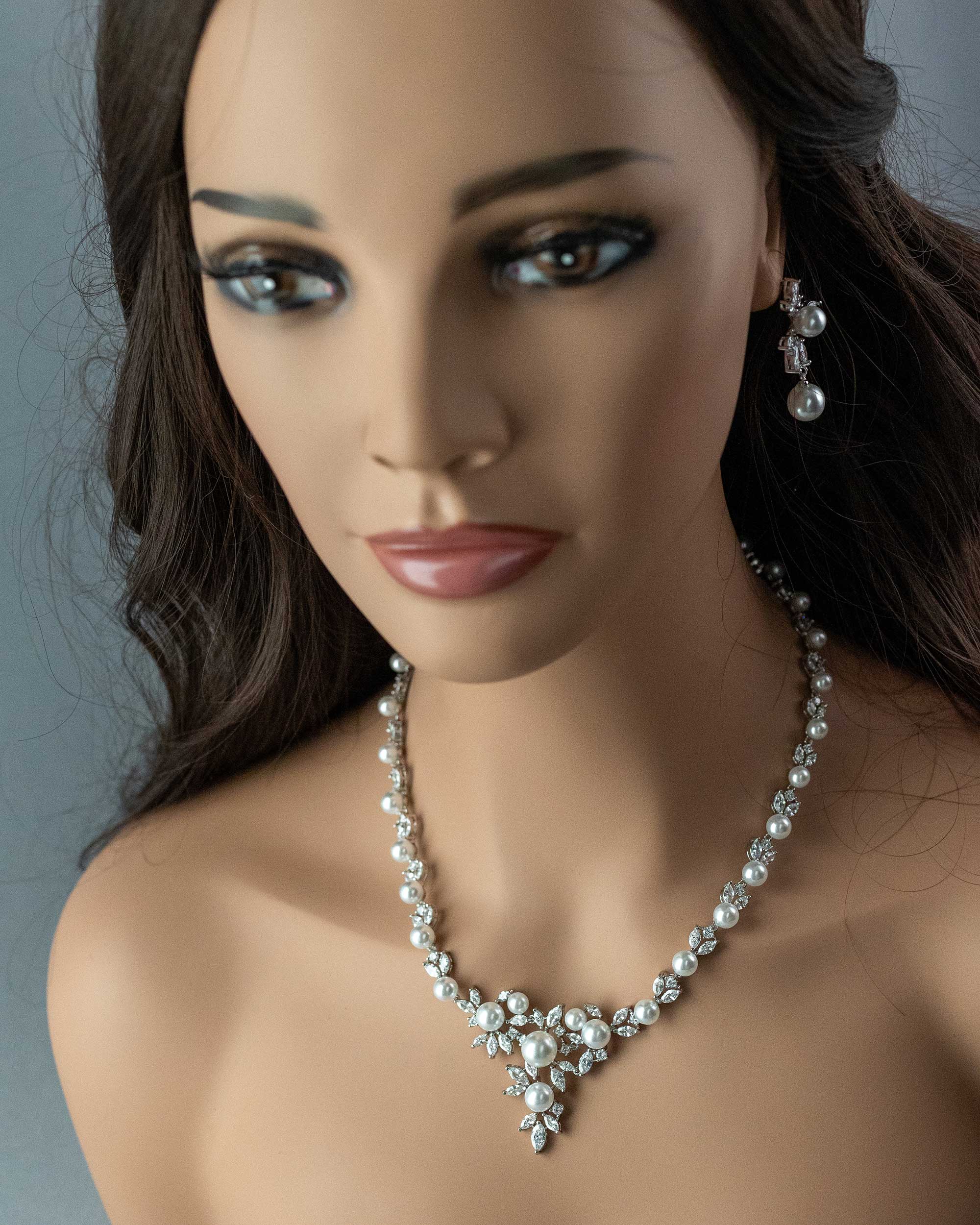 Floral Bridal Necklace Set with Pearls-Cassandra Lynne