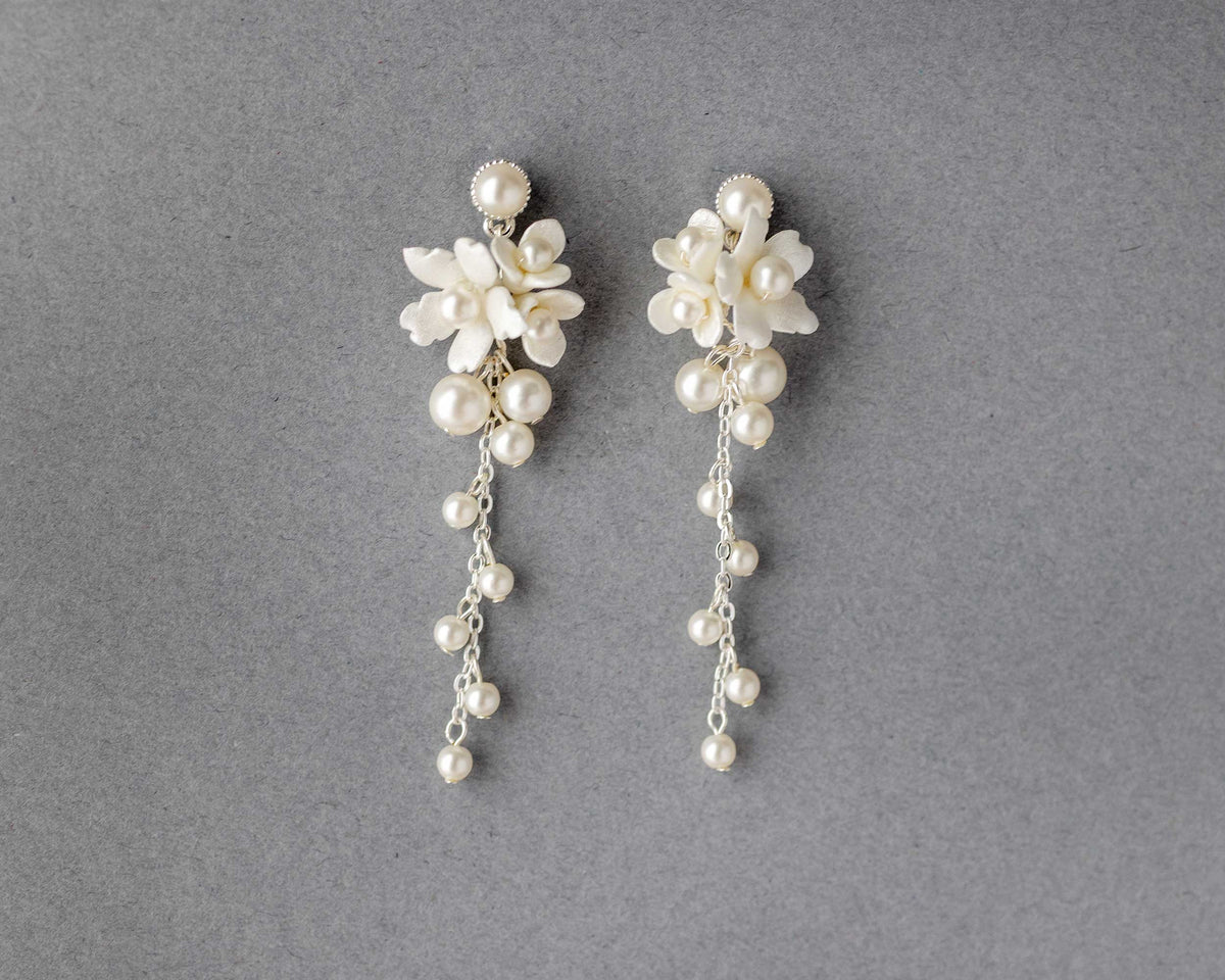 Porcelain Flower Cluster Dangle Pearl Earrings - Cassandra Lynne
