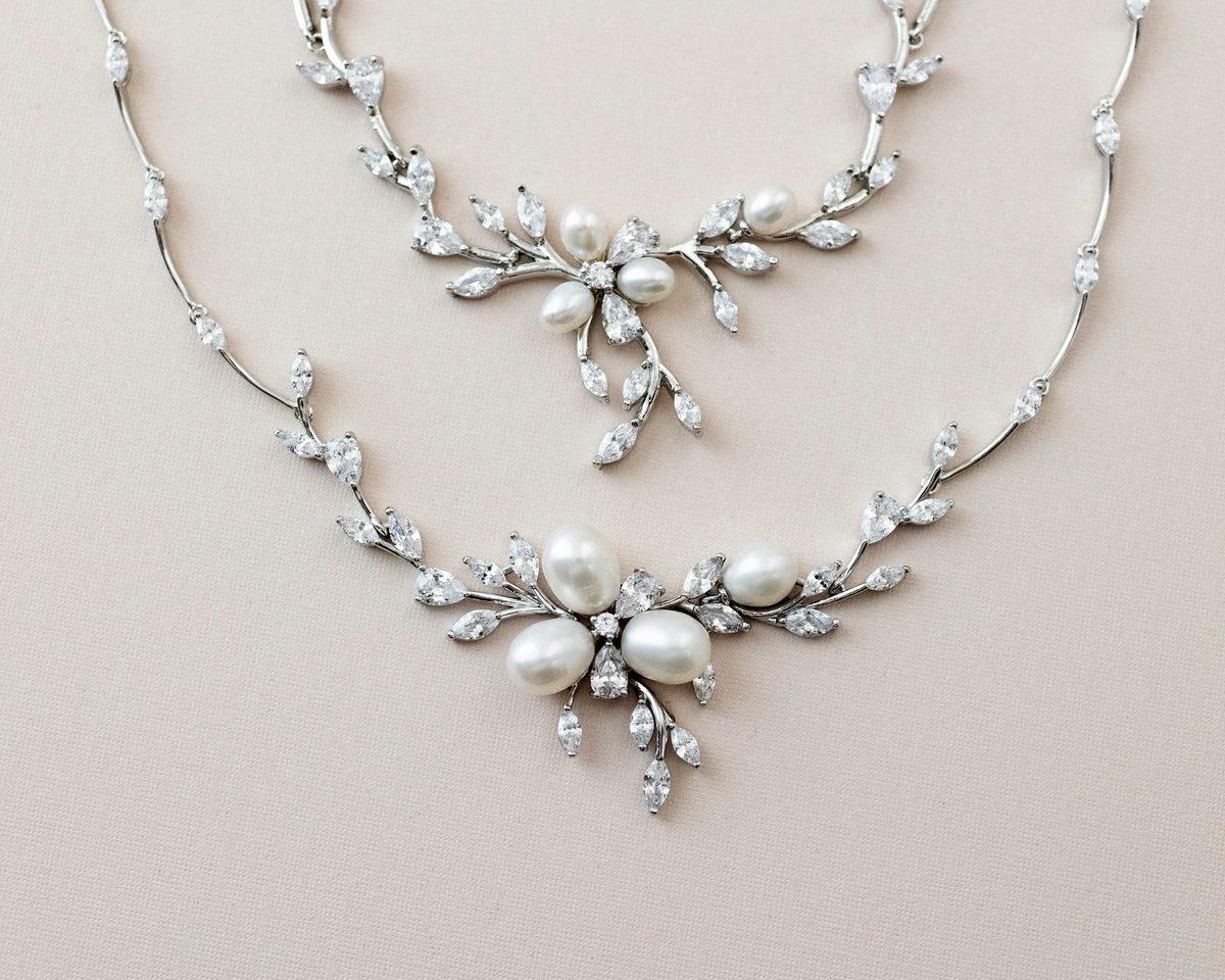 Bridal Jewelry Necklace Set with Pearl Flower and CZ
