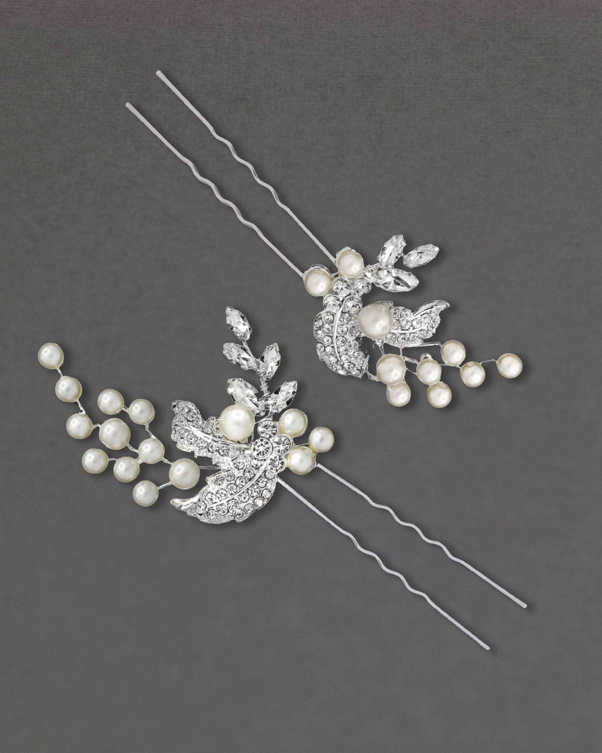 Crystal Leaves and ivory Pearls Bridal Pin Set