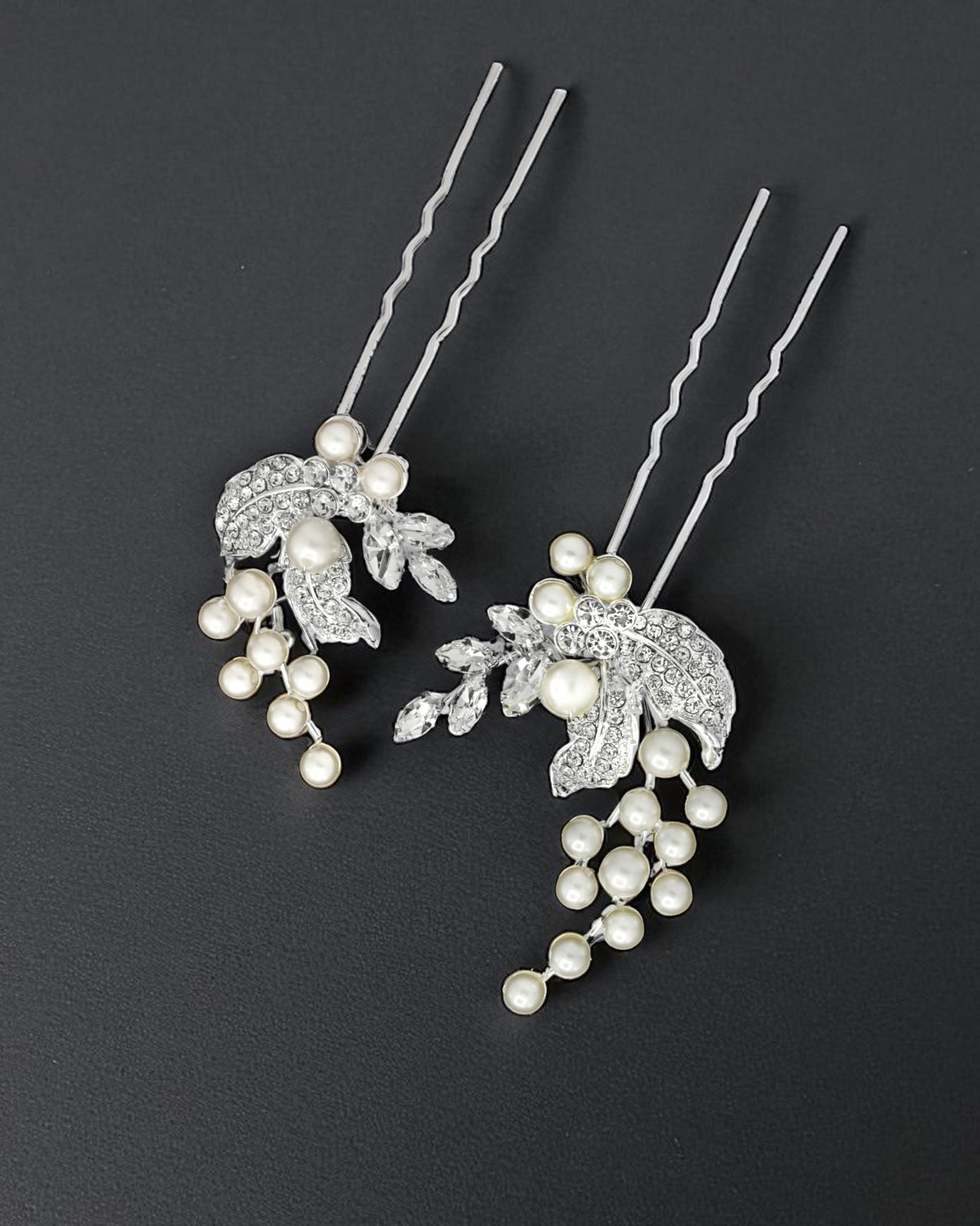 Crystal Leaves and ivory Pearls Bridal Pin Set