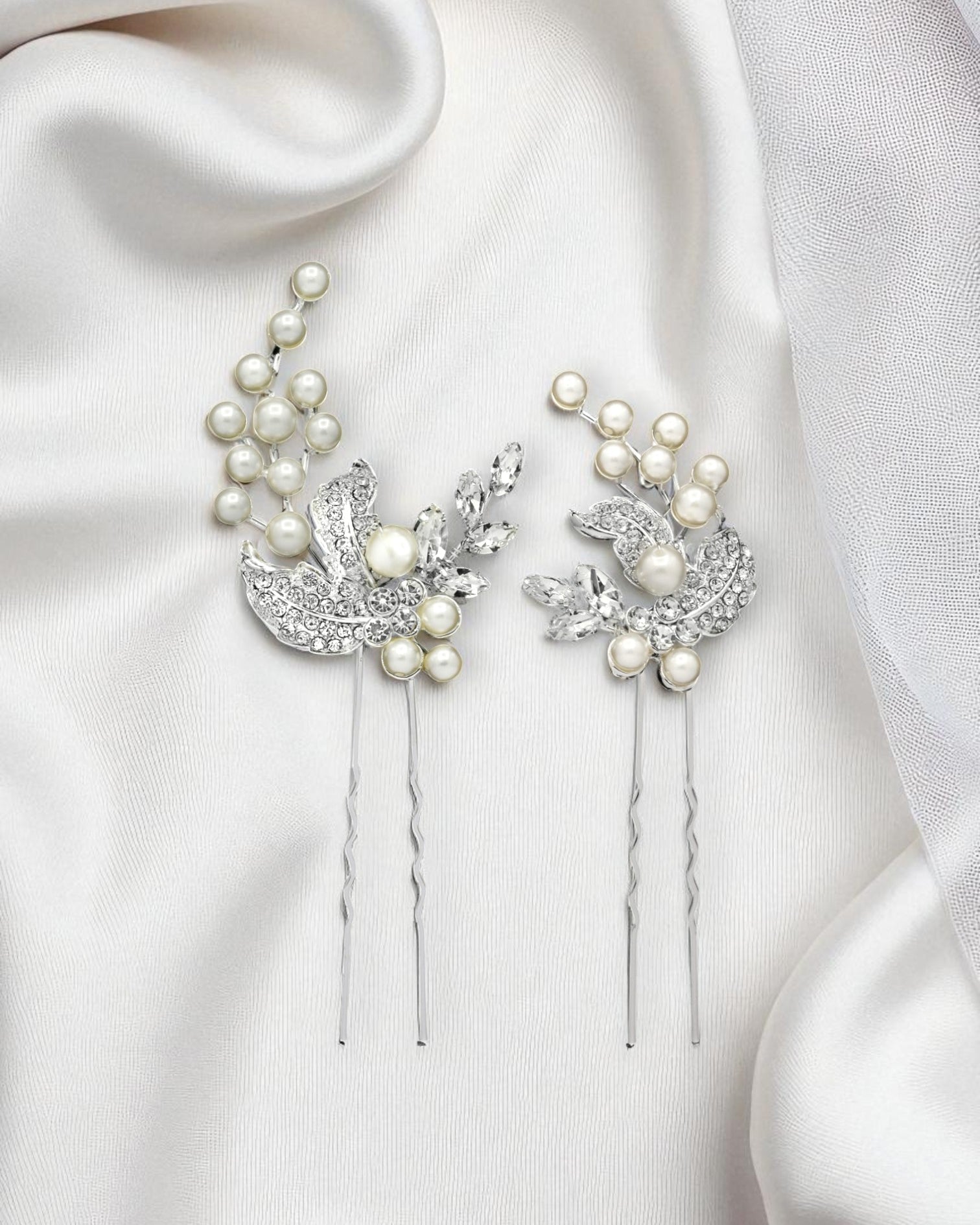 Crystal Leaves and ivory Pearls Bridal Pin Set