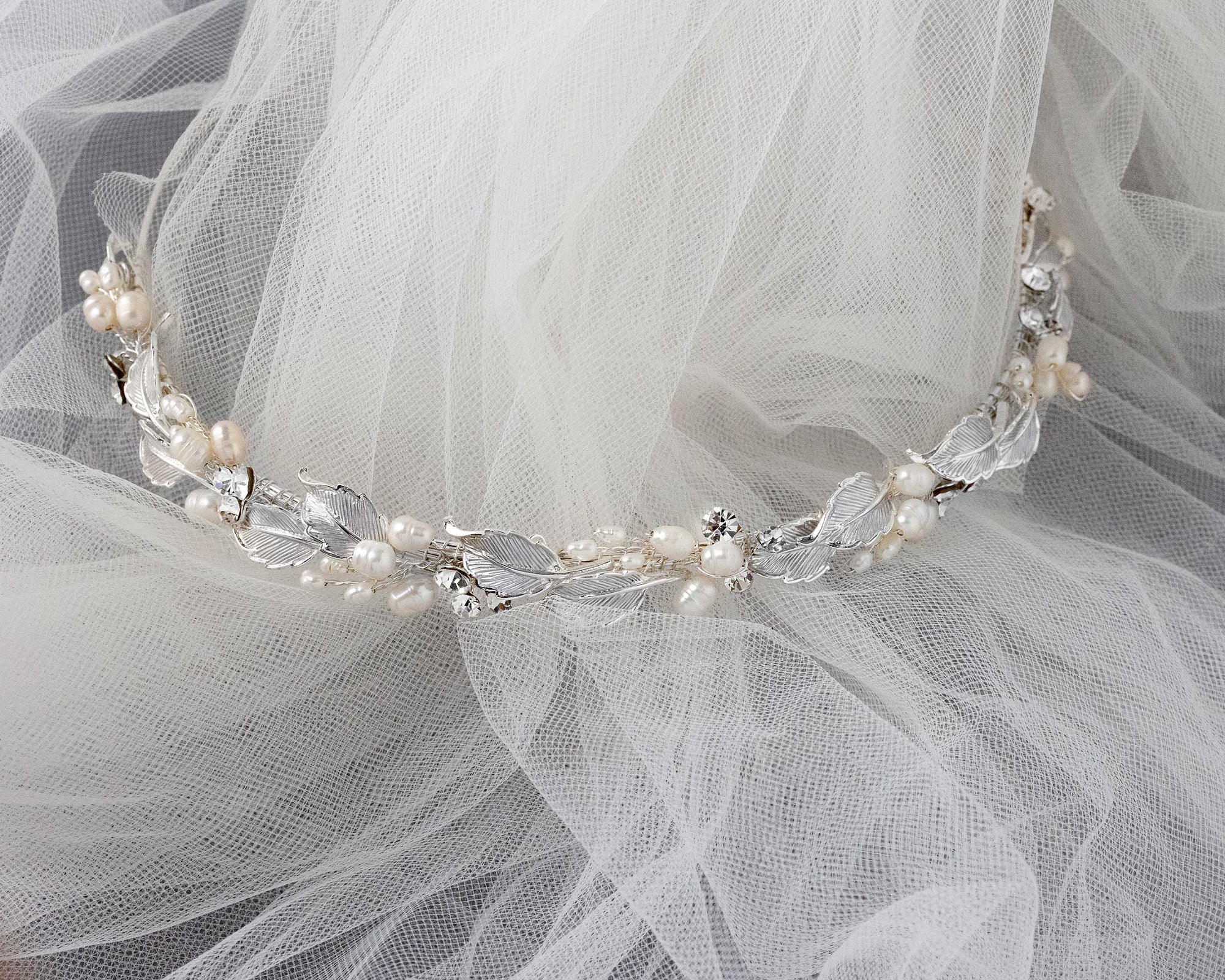 Silver Leaves and Freshwater Pearls Bridal Headband