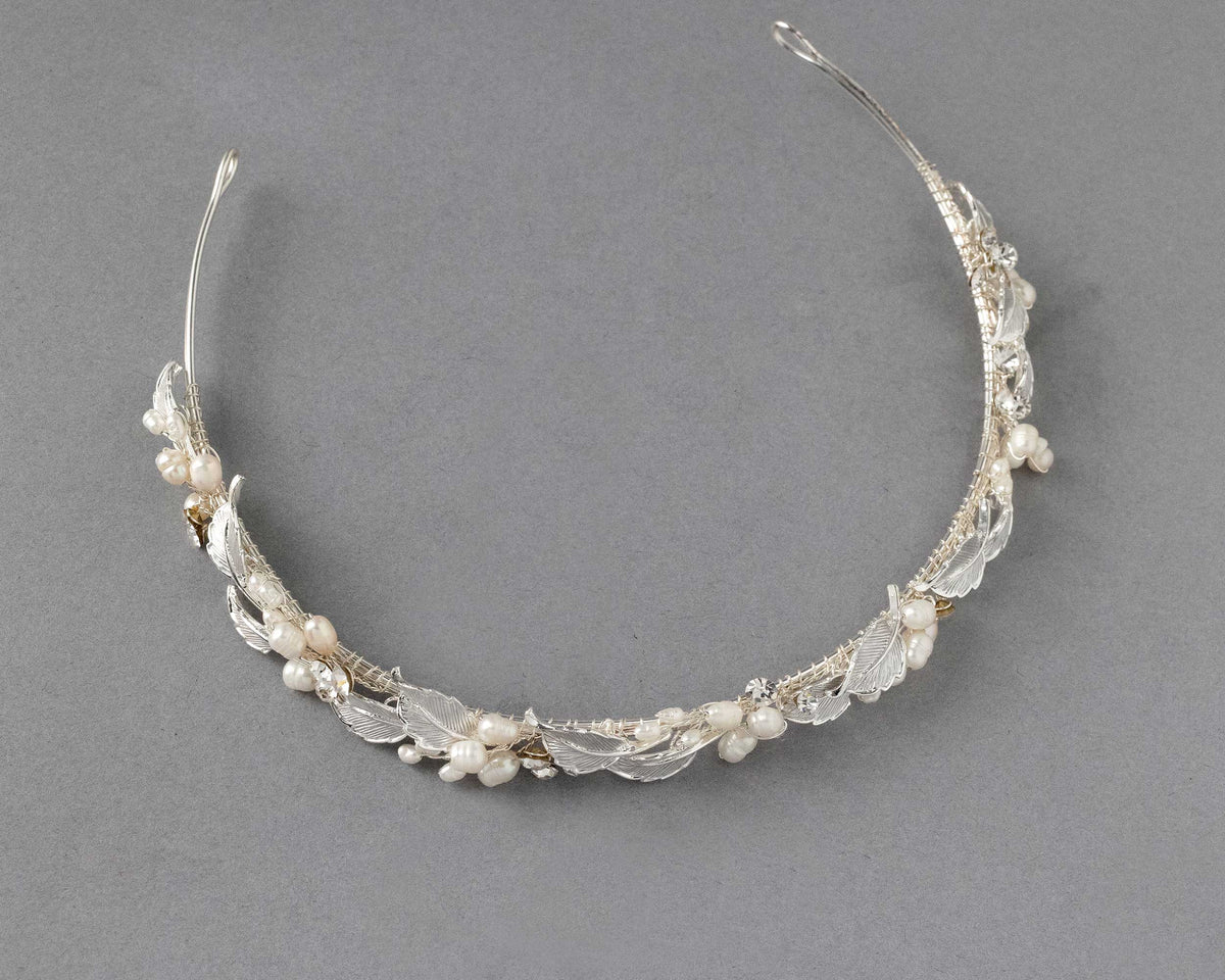 Silver Leaves and Freshwater Pearls Bridal Headband