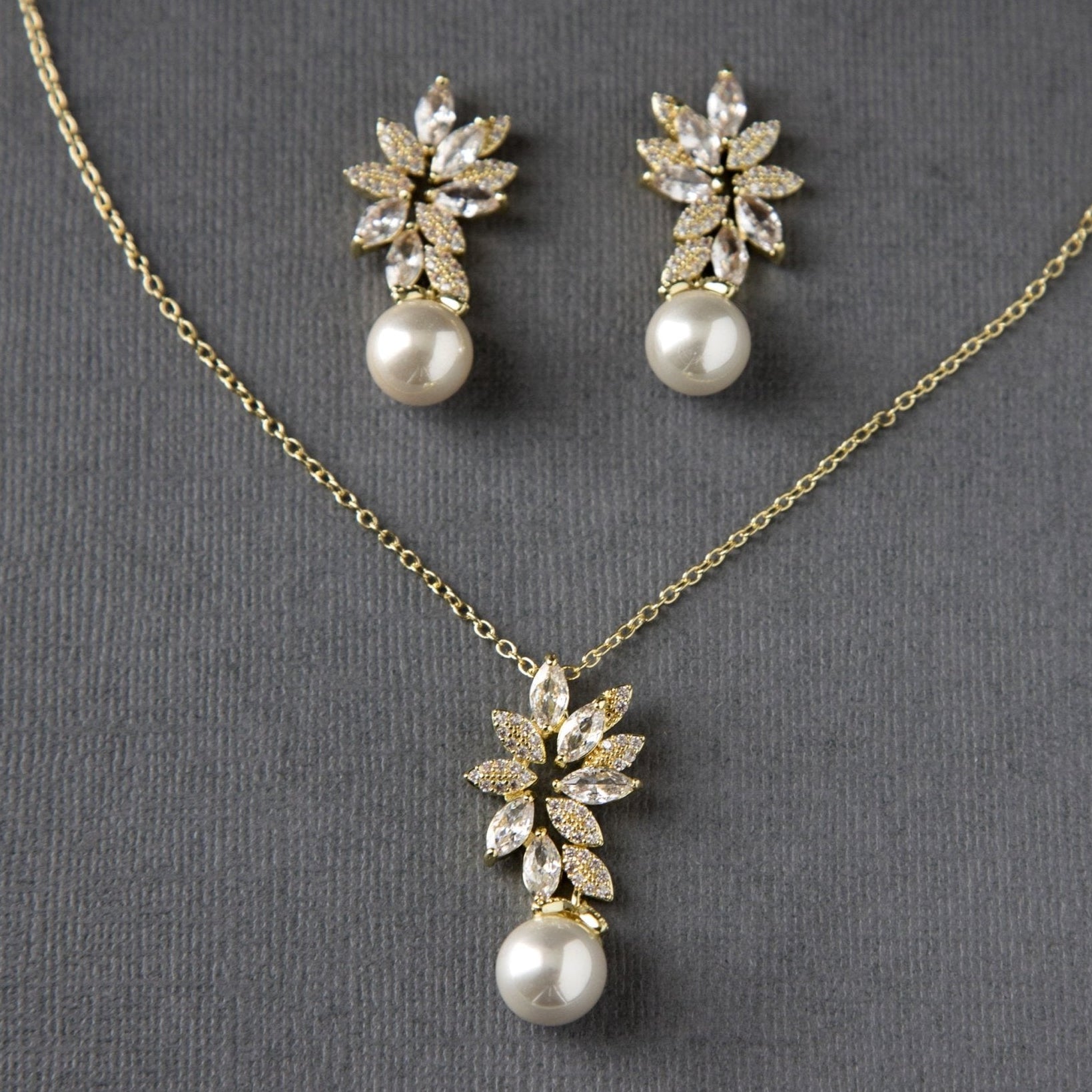 Pearl Pendant Necklace and Earrings Set with CZ Jewels - Necklace Set - Cassandra Lynne