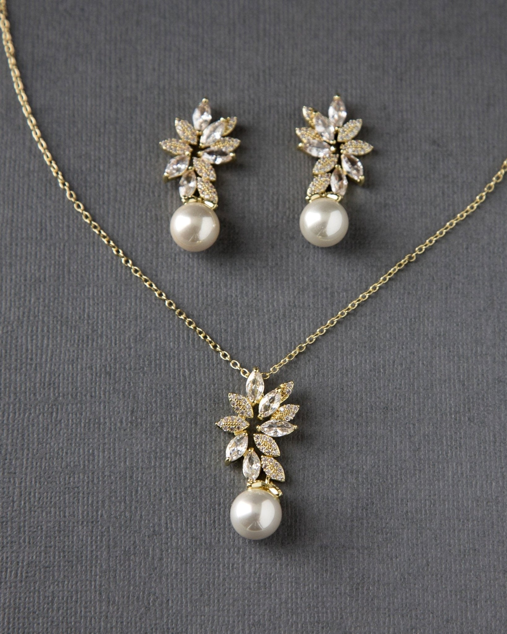 Pearl Pendant Necklace and Earrings Set with CZ Jewels - Necklace Set - Cassandra Lynne