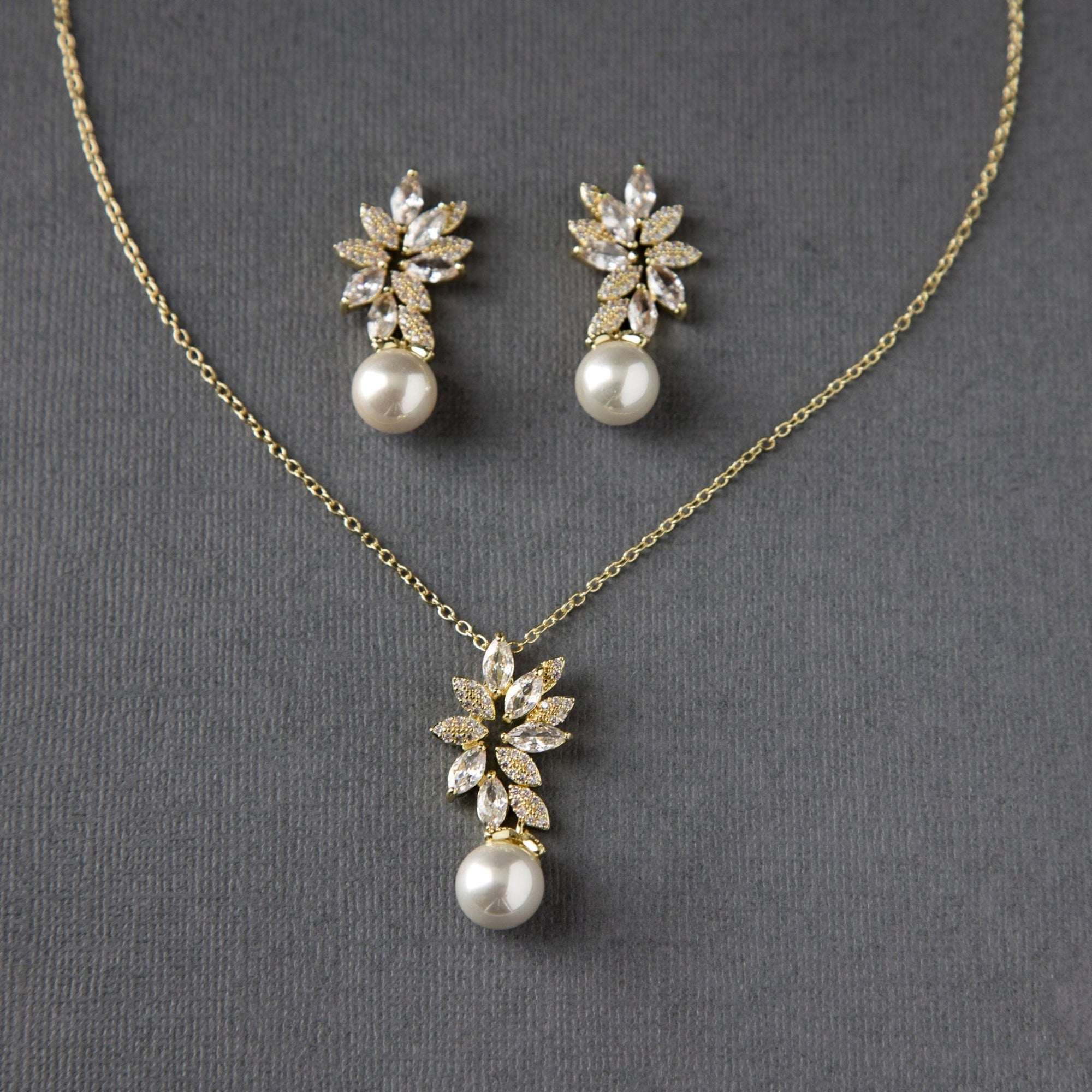 Pearl Pendant Necklace and Earrings Set with CZ Jewels - Necklace Set - Cassandra Lynne