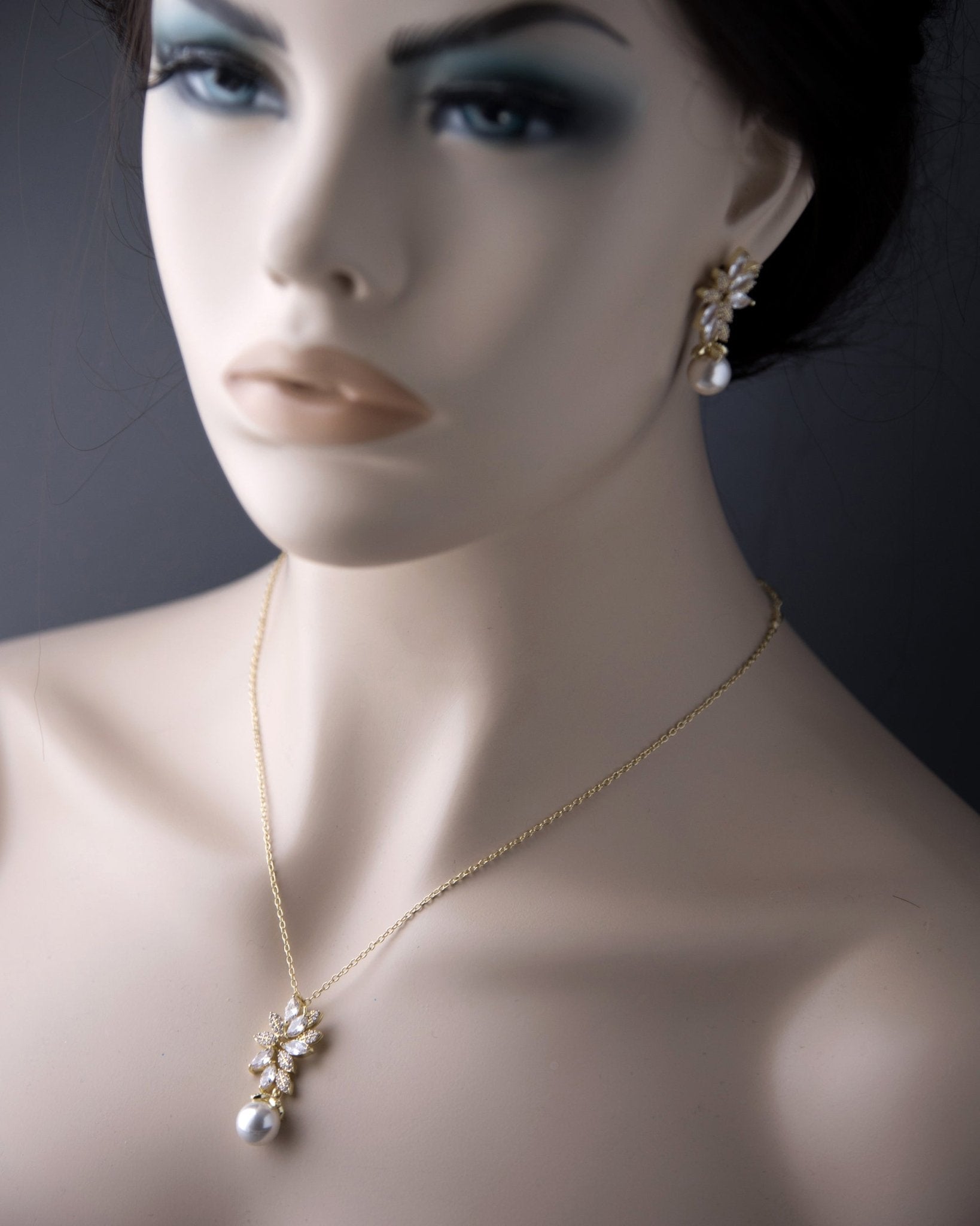 Pearl Pendant Necklace and Earrings Set with CZ Jewels - Necklace Set - Cassandra Lynne