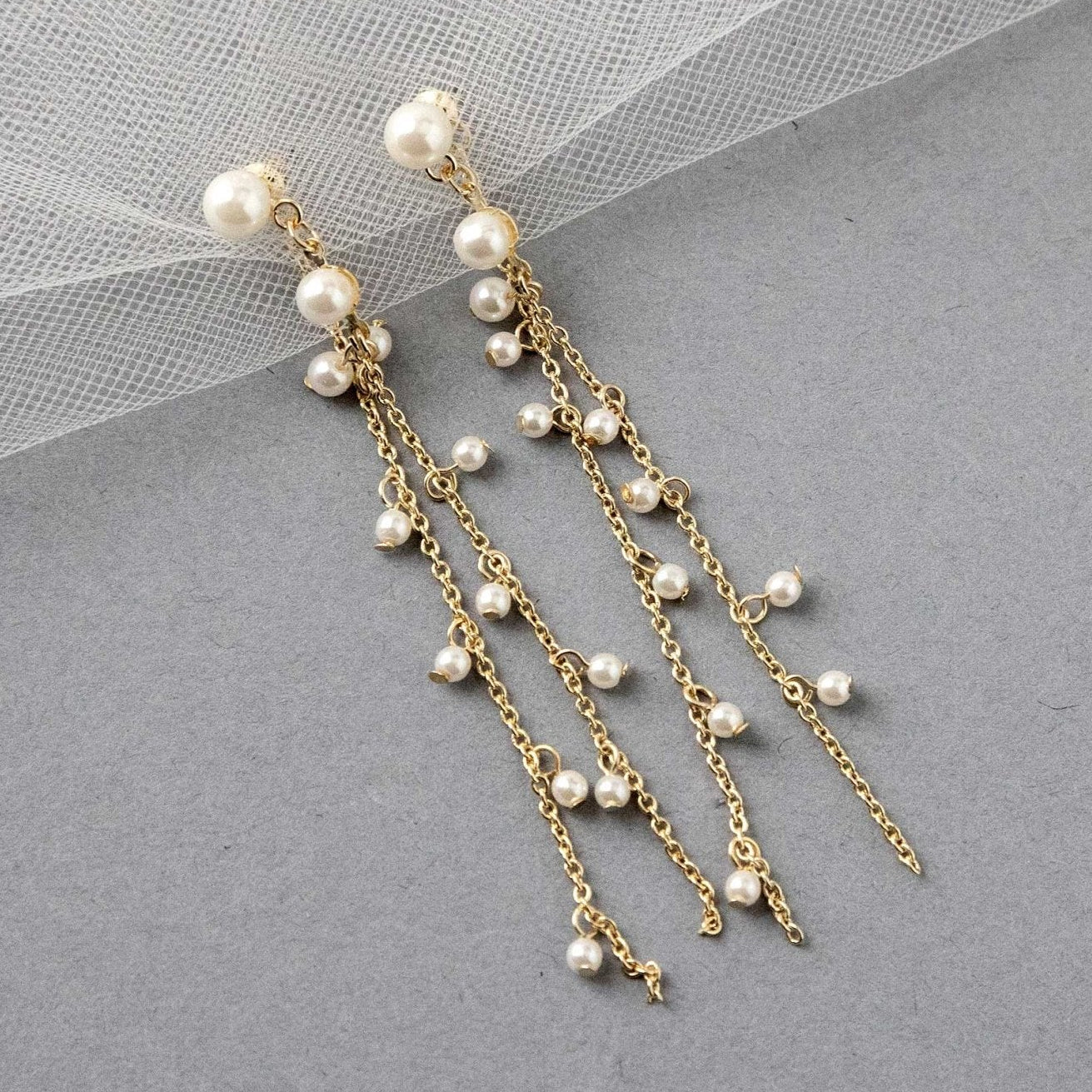 Pearl Station Double Chain Bridal Earrings - Earrings - Cassandra Lynne