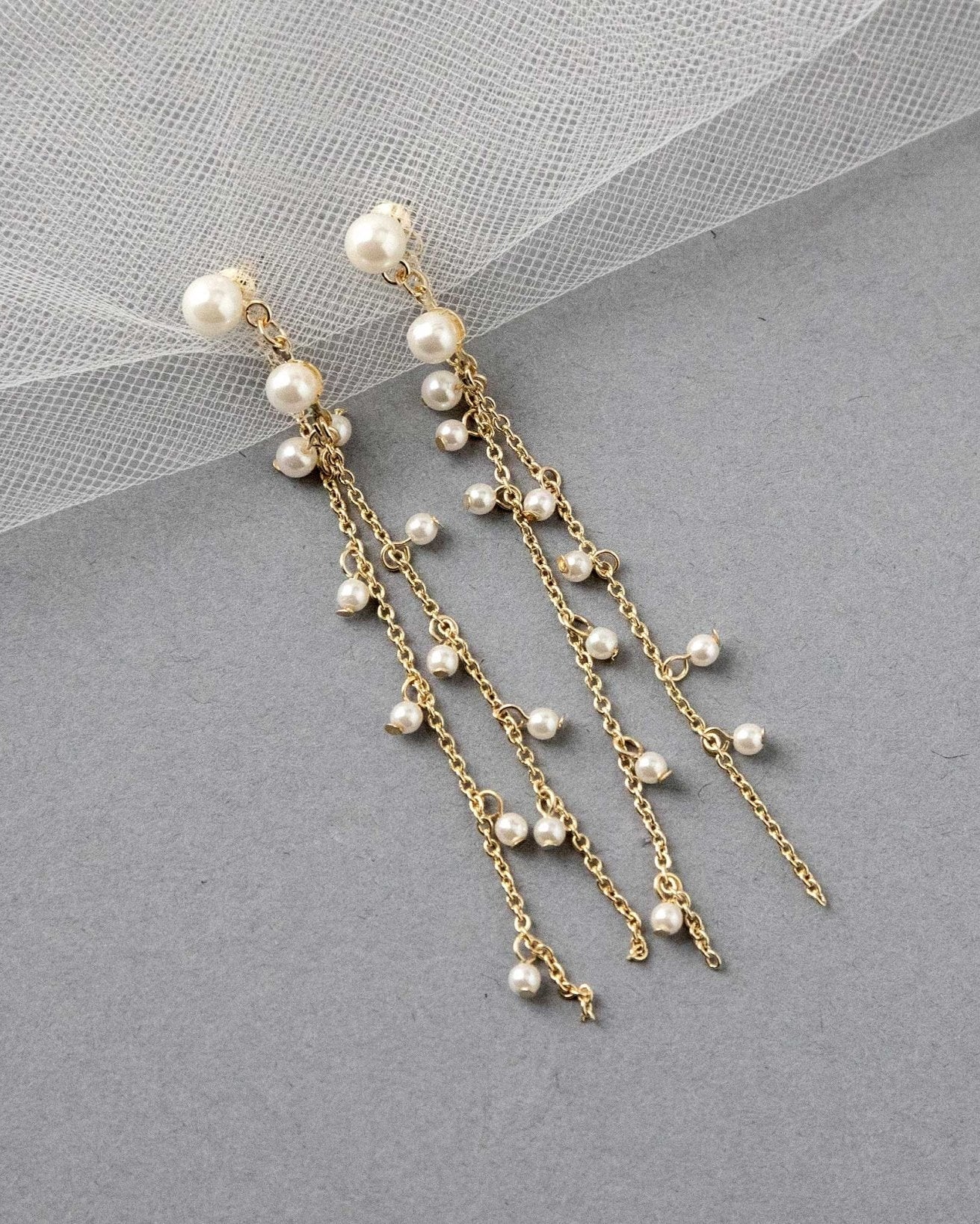 Pearl Station Double Chain Bridal Earrings - Earrings - Cassandra Lynne
