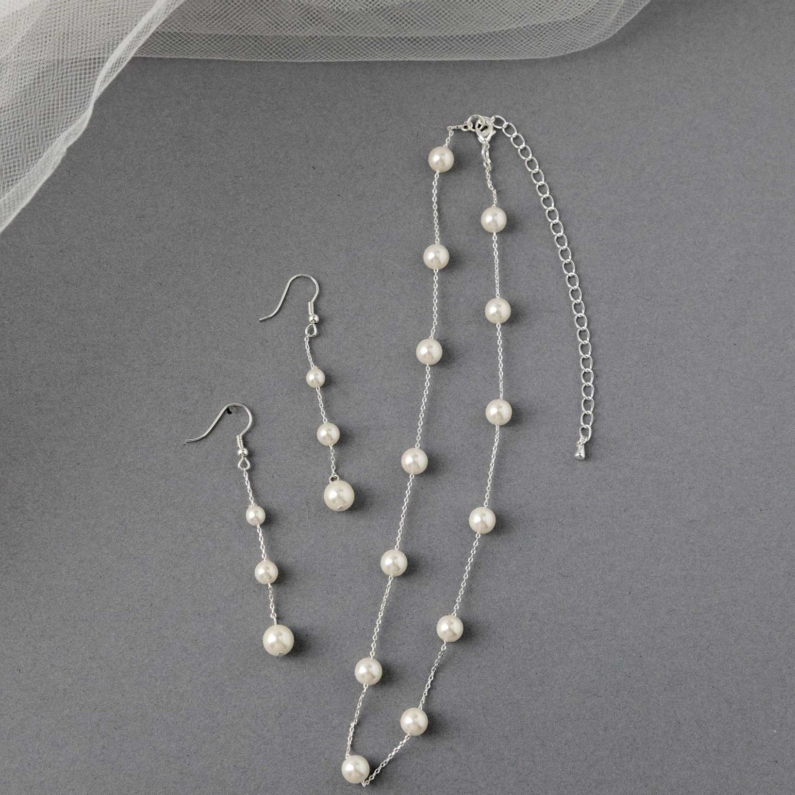Pearl Station Necklace and Dangle Earrings - Necklace Set - Cassandra Lynne
