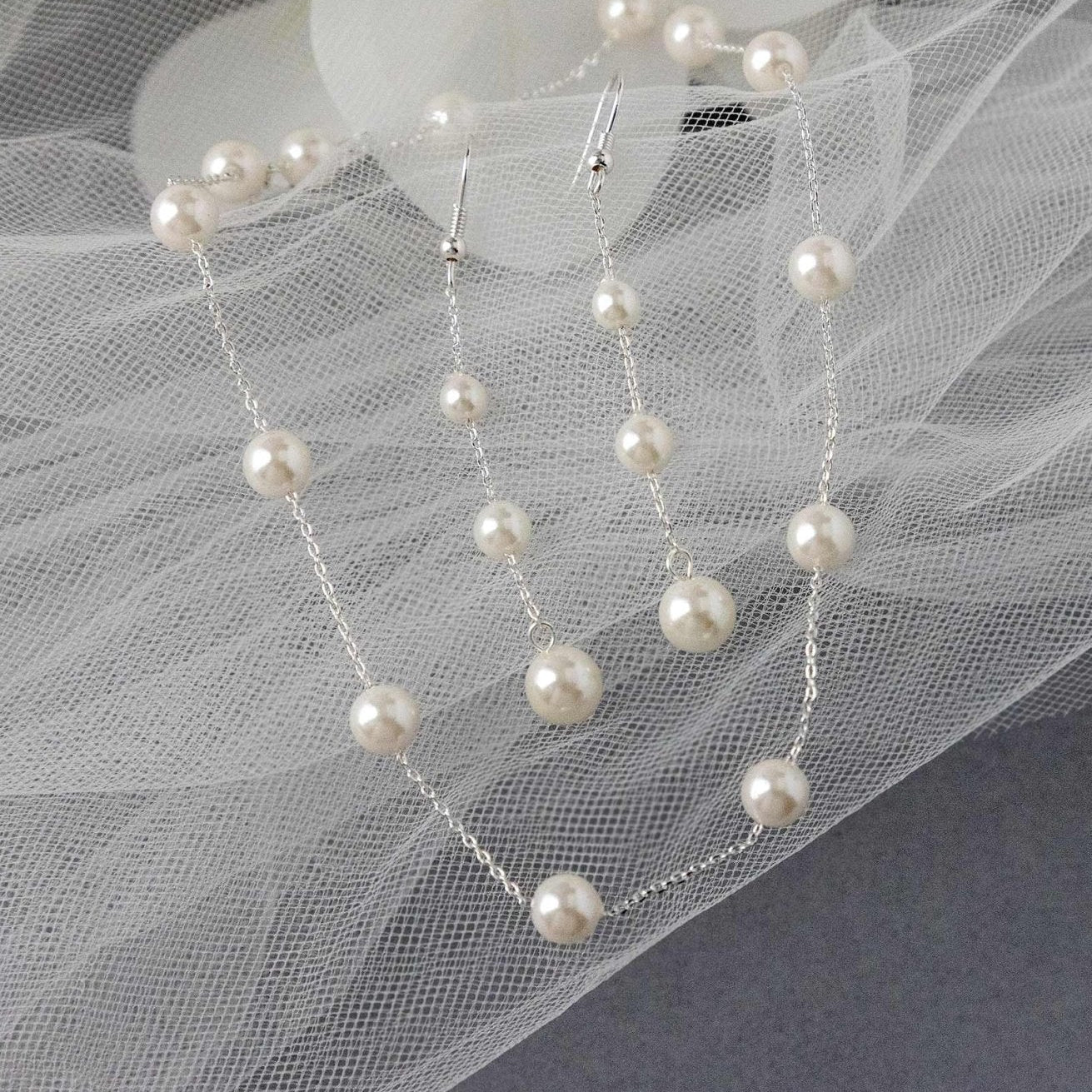 Pearl Station Necklace and Dangle Earrings - Necklace Set - Cassandra Lynne