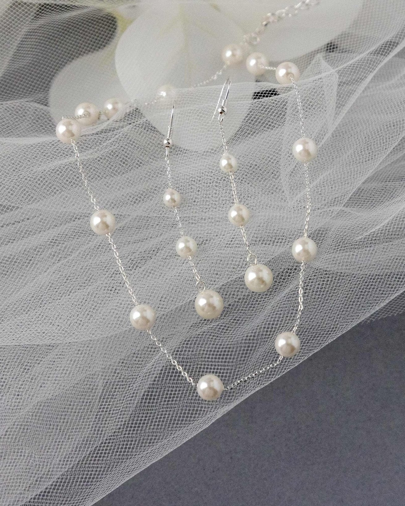 Pearl Station Necklace and Dangle Earrings - Necklace Set - Cassandra Lynne