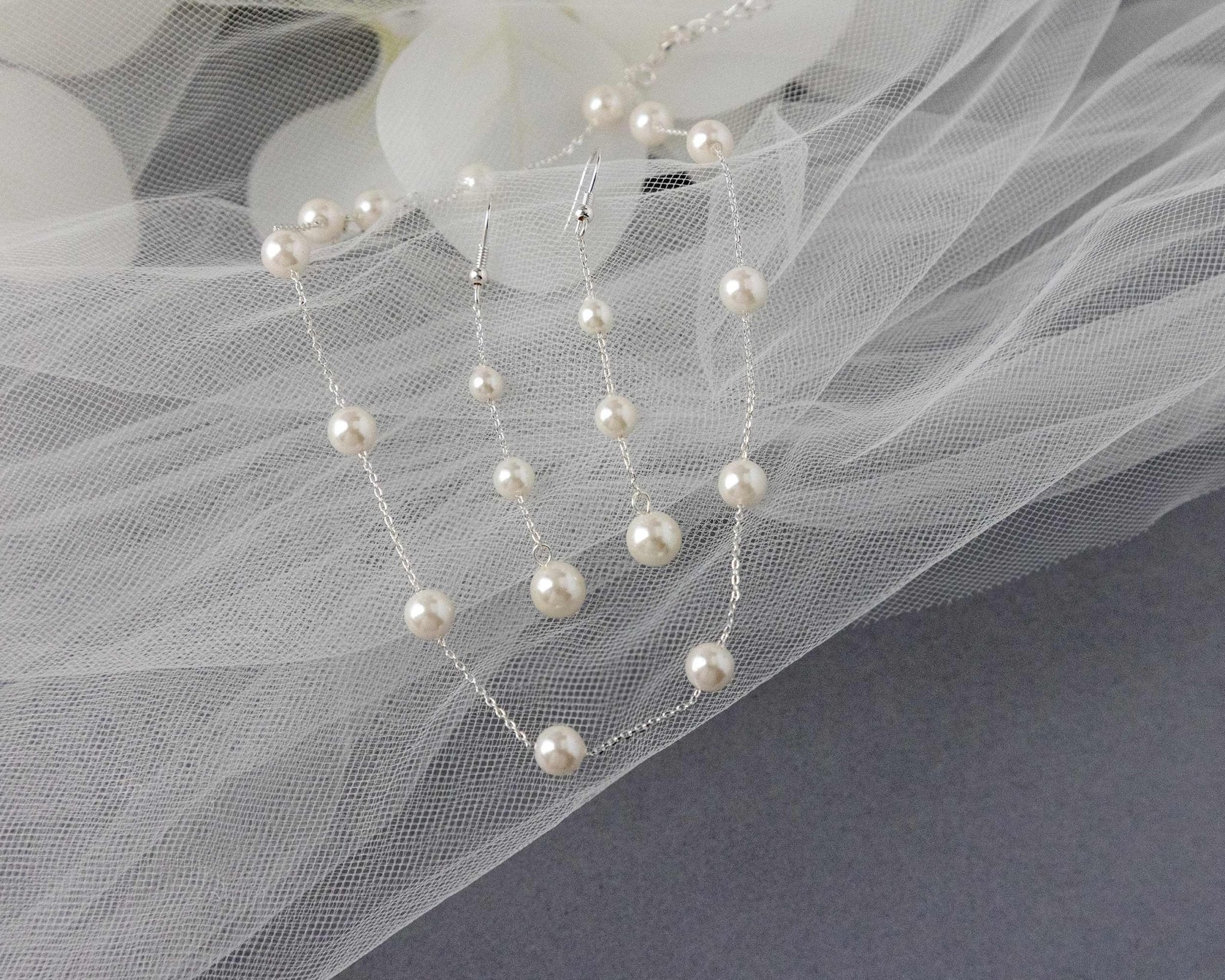 Pearl Station Necklace and Dangle Earrings - Necklace Set - Cassandra Lynne