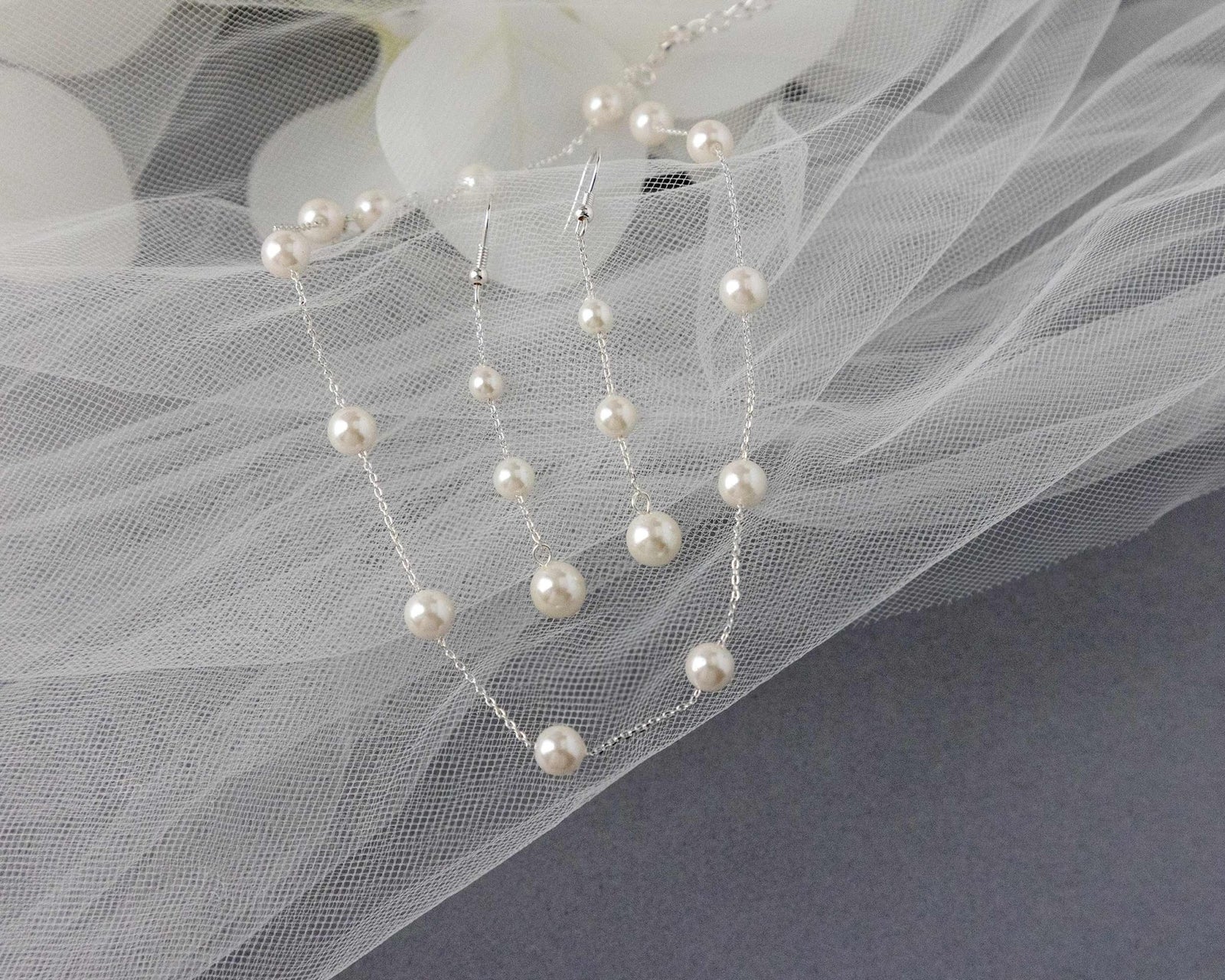 Pearl Station Necklace and Dangle Earrings - Necklace Set - Cassandra Lynne