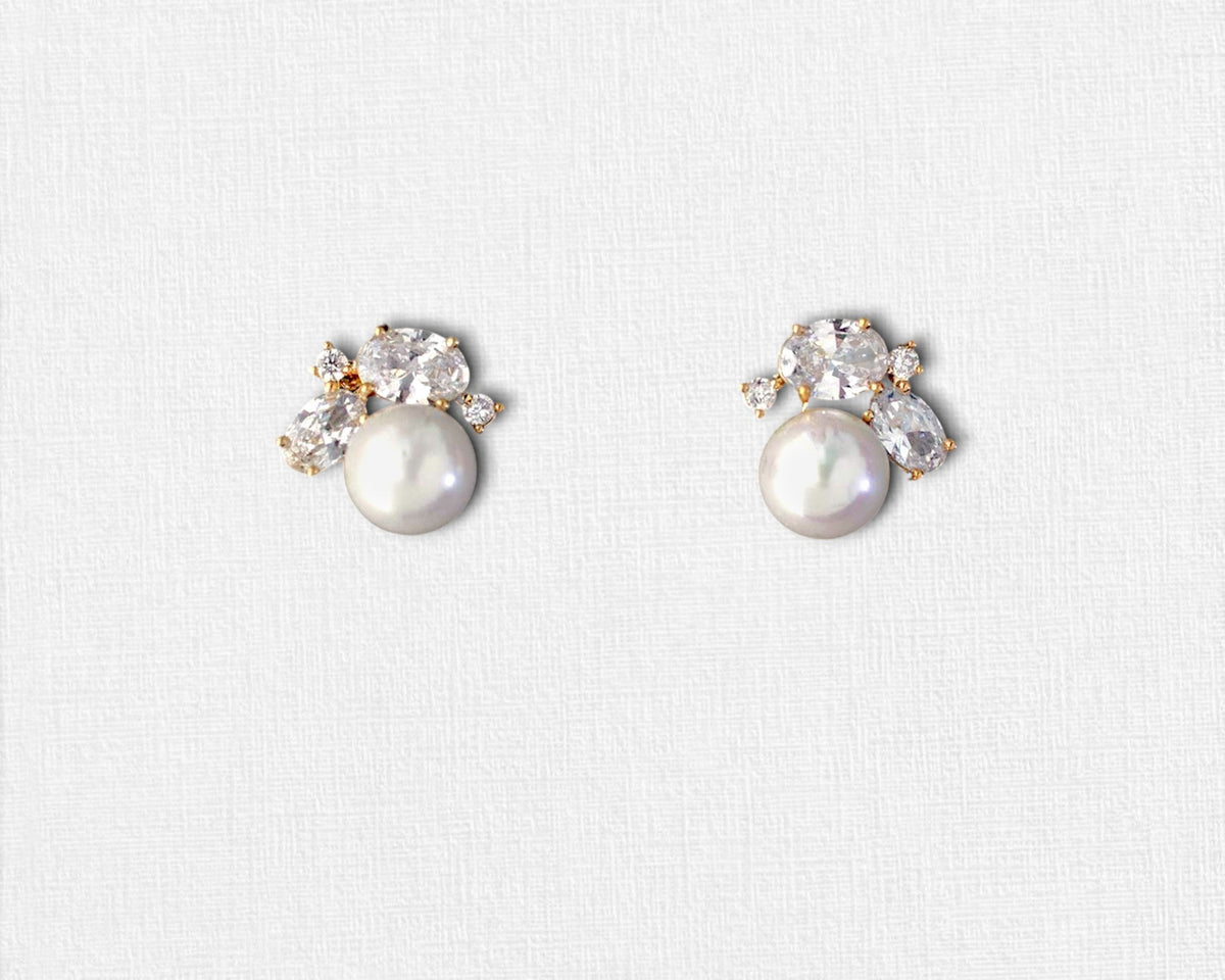 Pearl Stud Earrings with Oval CZ - Cassandra Lynne