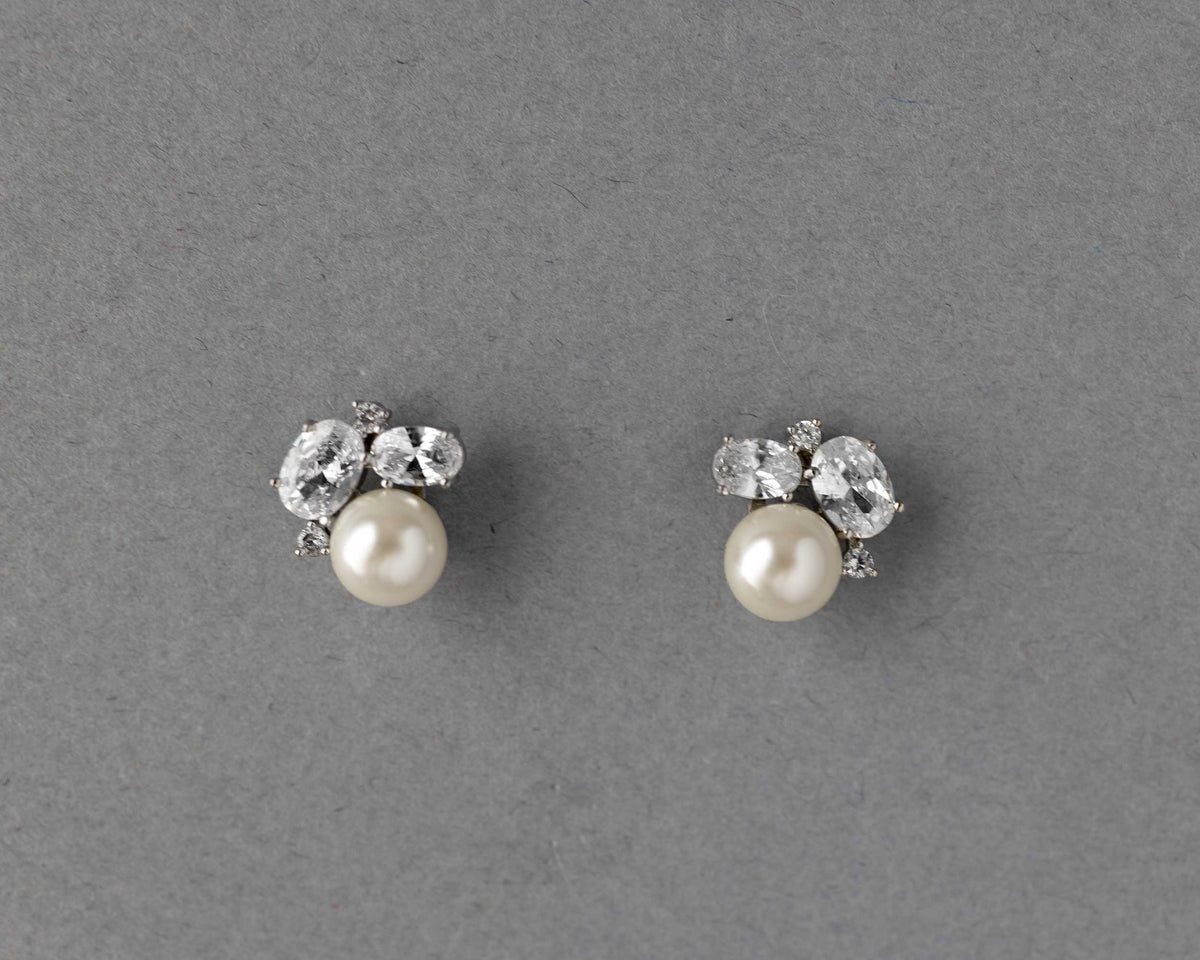 Pearl Stud Earrings with Oval CZ - Cassandra Lynne